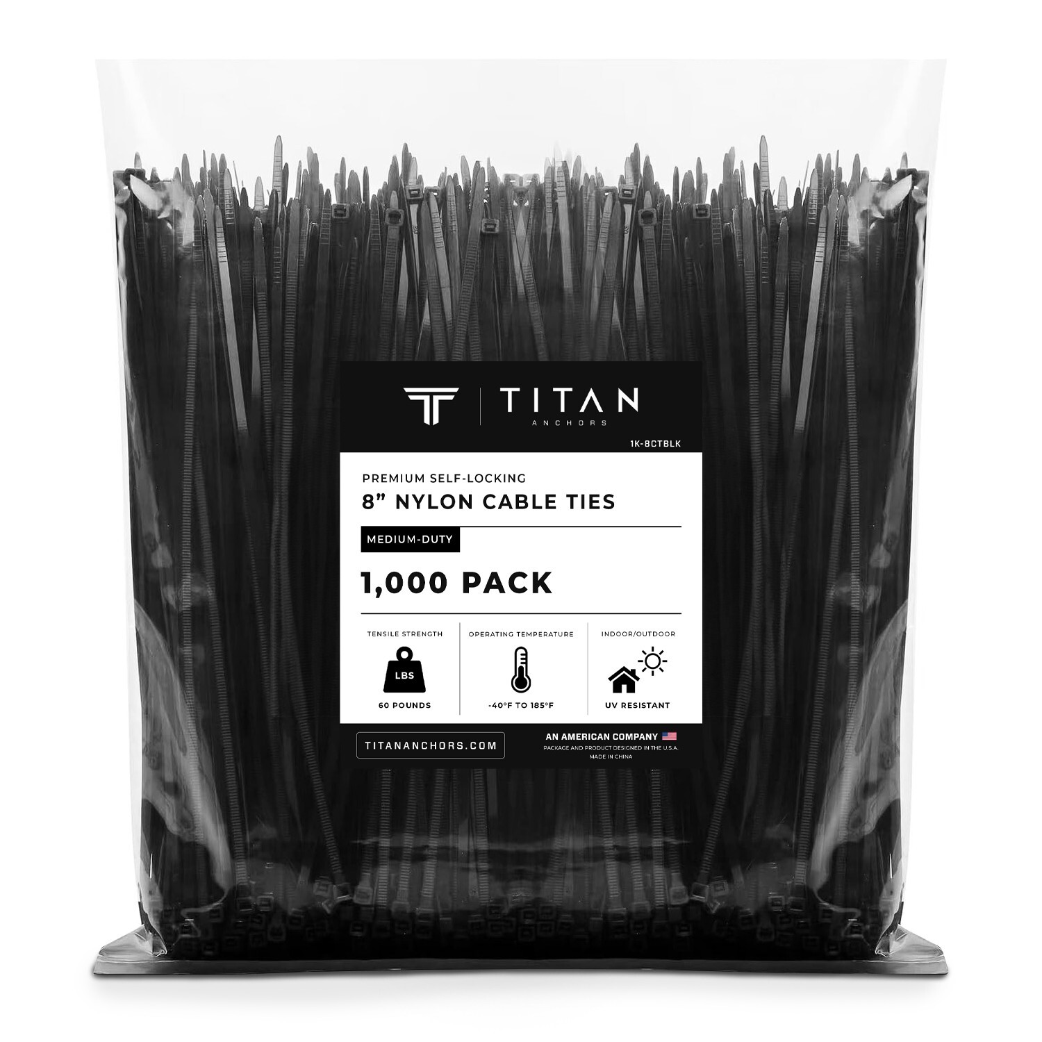 1000-Pack Premium 8" Inch Black Nylon Zip Ties, 60 lbs, UV Resistant Cable Ties
