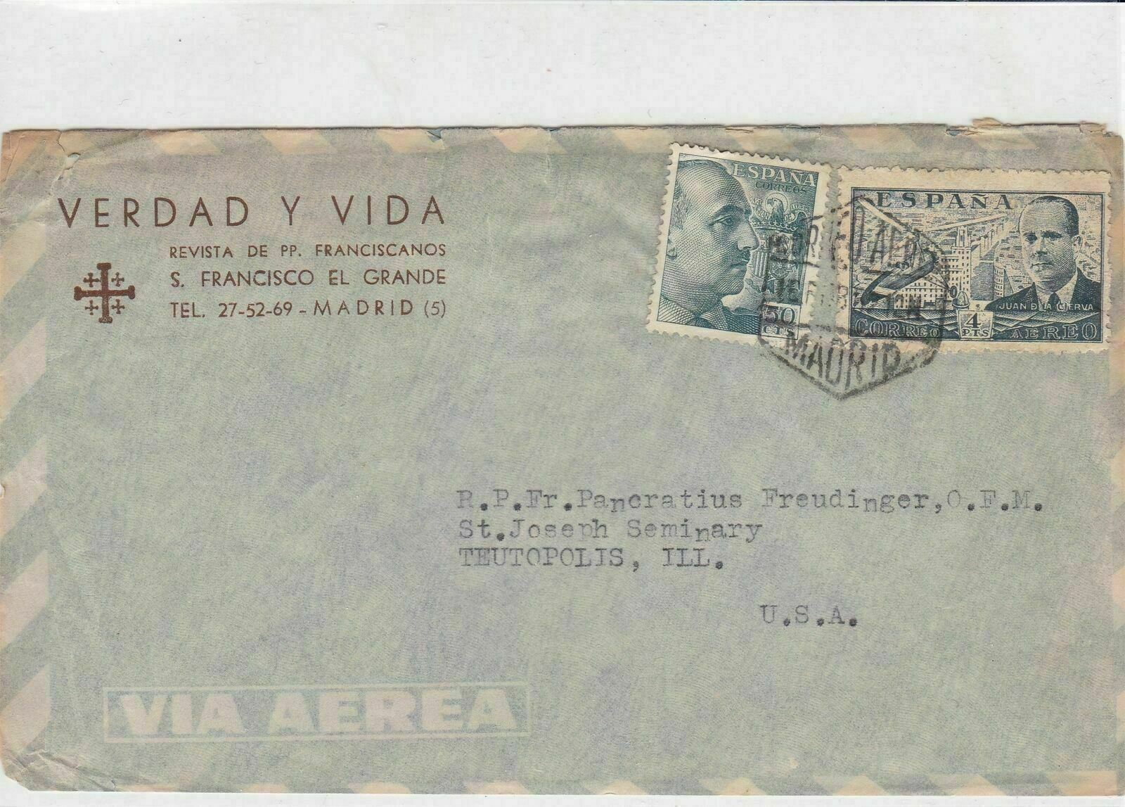 spain  1952 airmail stamps cover ref 19346