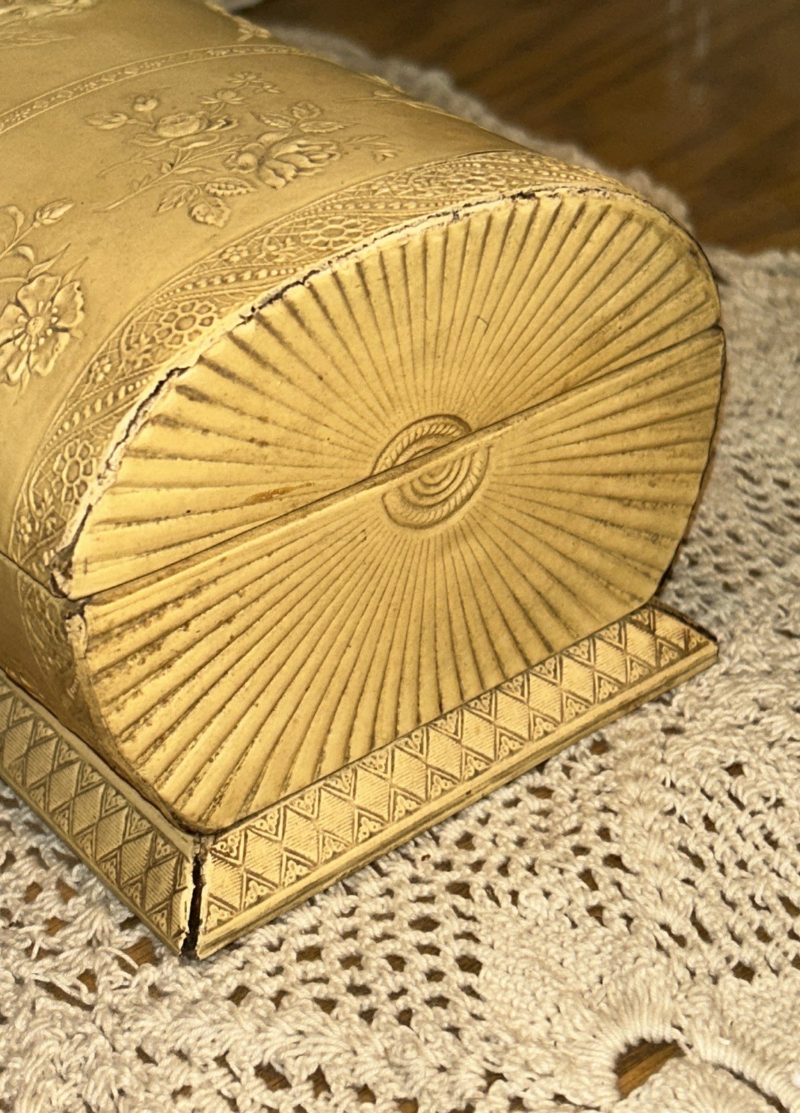 Antique Jewelry Box Engraved Angel Celluloid Wrapped Wood 9x 3.75 Oval Quite Old