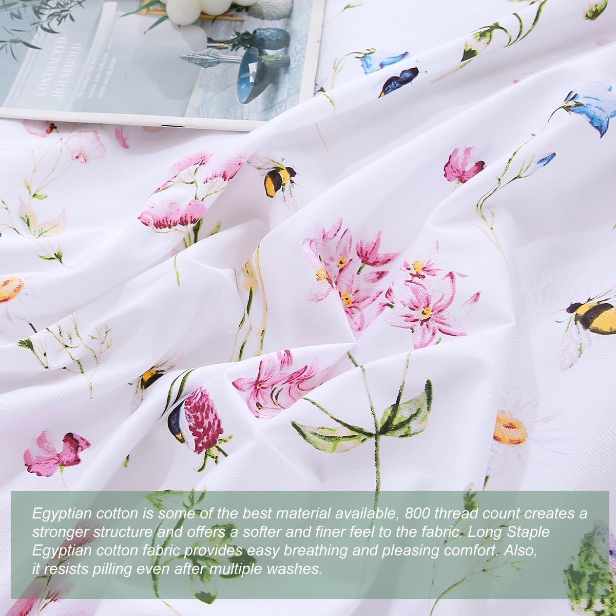 Pink Floral Duvet Cover Set Queen Size 100% Cotton 3 Piece Romantic Garden Fl...