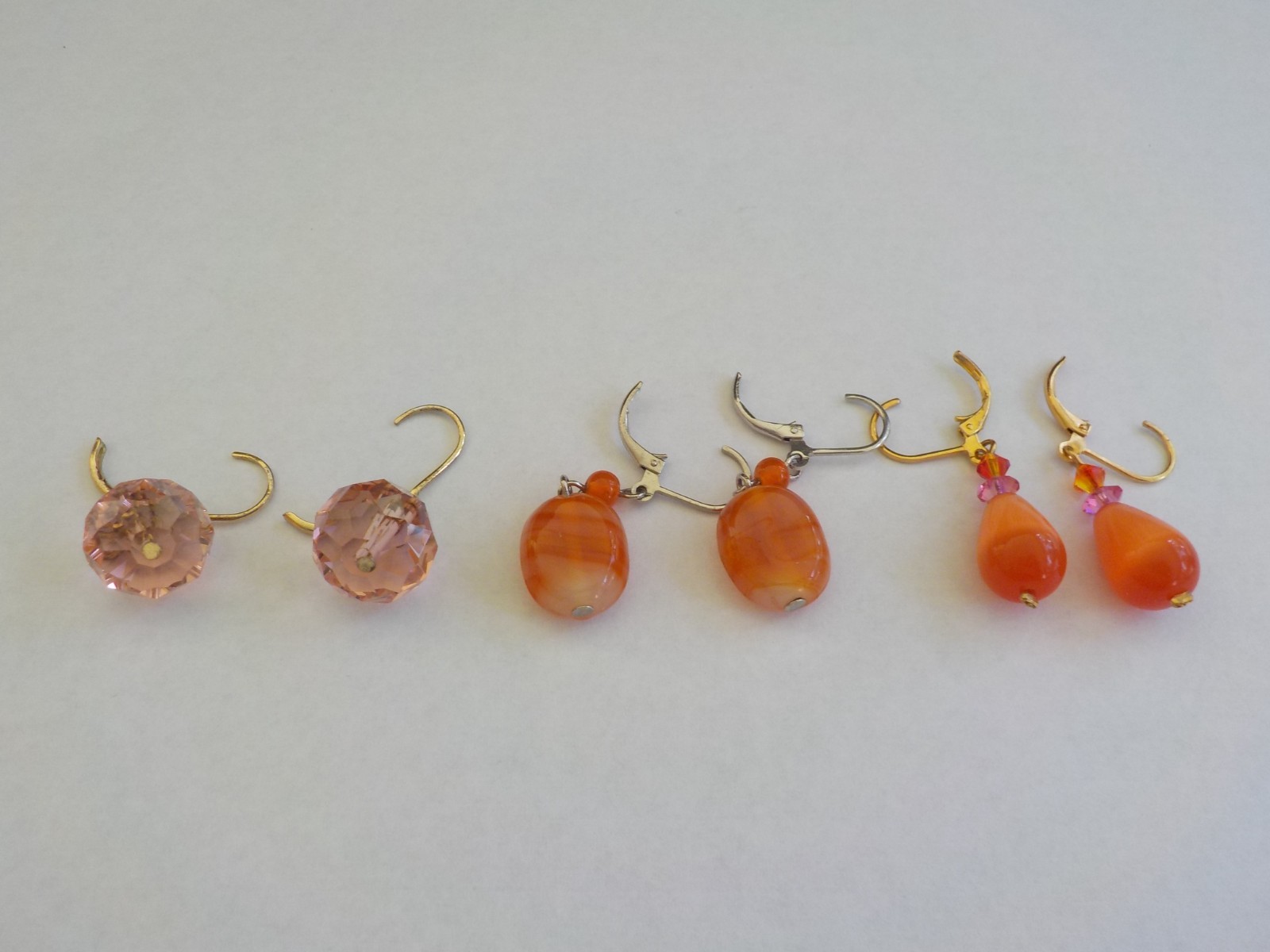 Earrings Pierced 3 Pair Dangle Drop Glass Stone Metal Orange Pink Lever Back