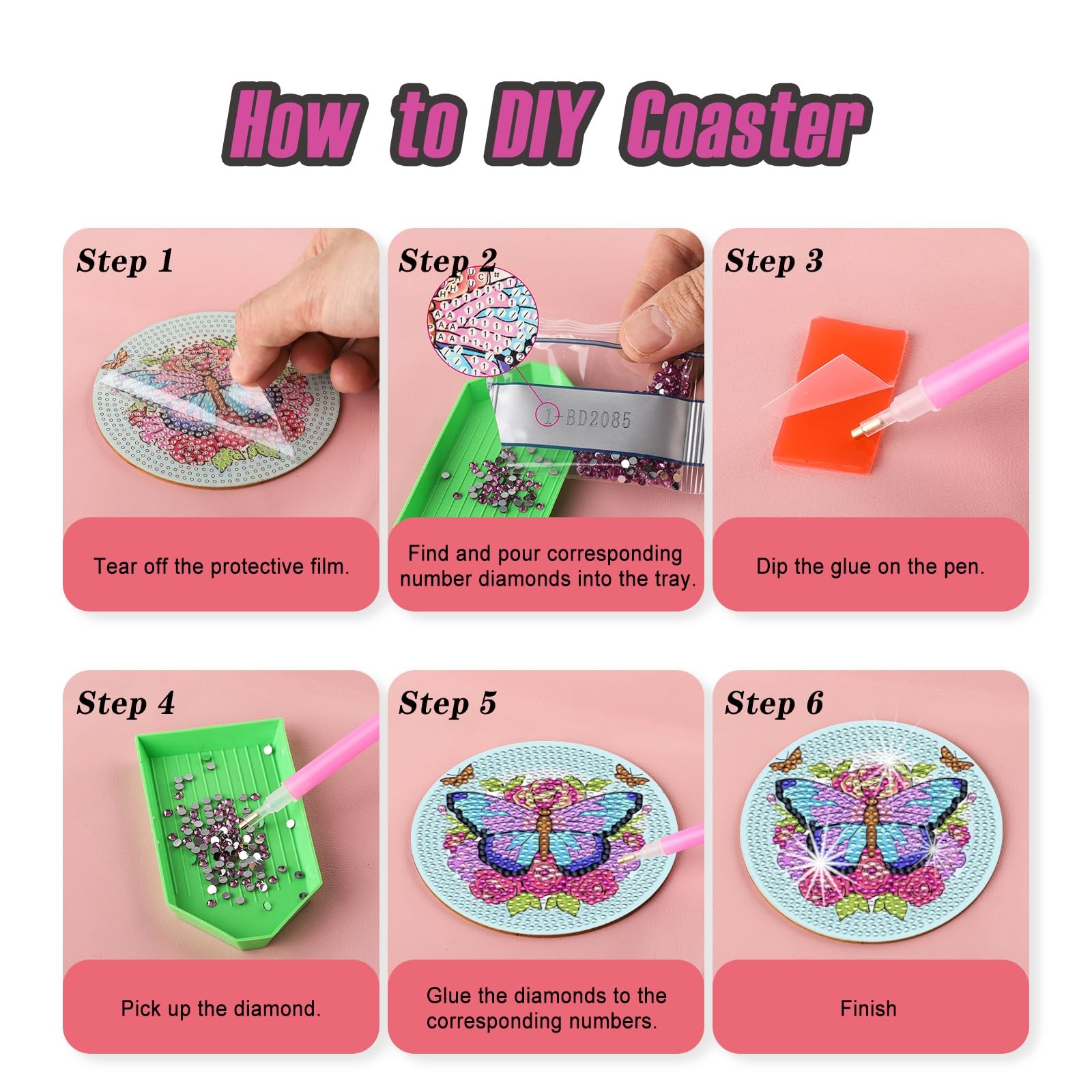 Butterfly Diamond Painting Coasters Kits with Holder, DIY Butterfly Diamond Art