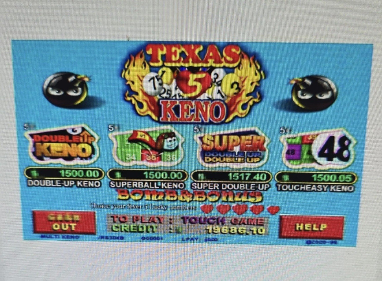 TEXAS KENO GAME BOARD 5 HEARTS