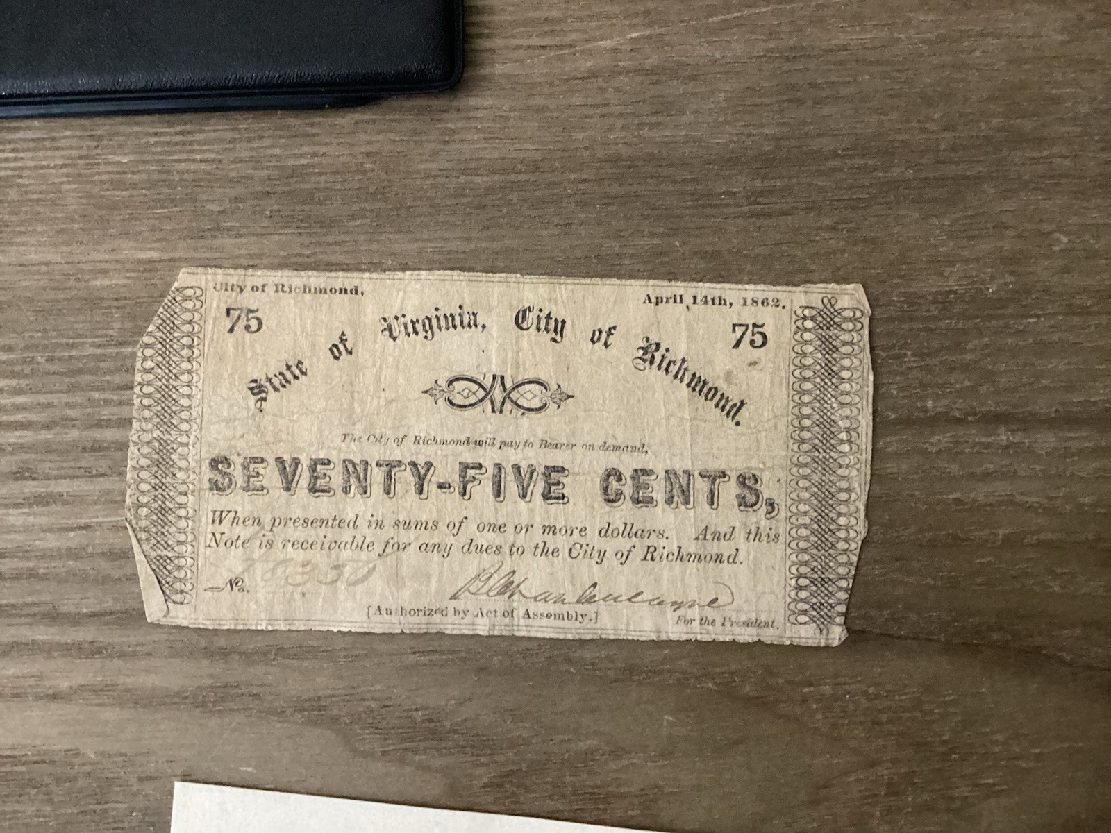 1862 Richmond Virginia 75¢ Obsolete Banknote Civil War Era Currency w/COA