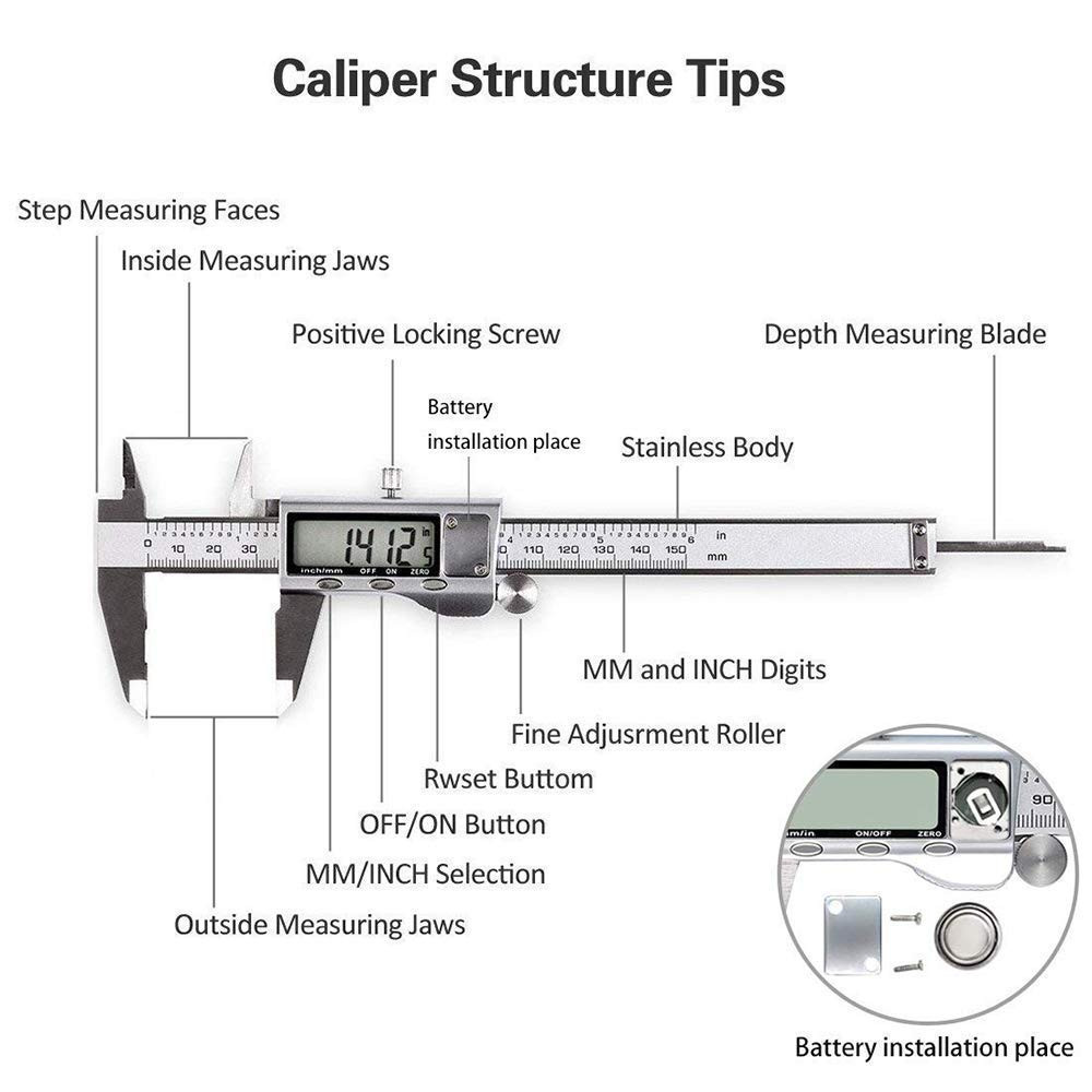 Digital Caliper, Caliper Measuring Tool with Stainless Steel, Electronic Microm