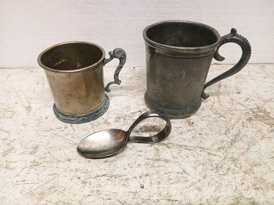 Collection of Vintage Silver Plated Nursery Baby Cups and Spoon Set of 2