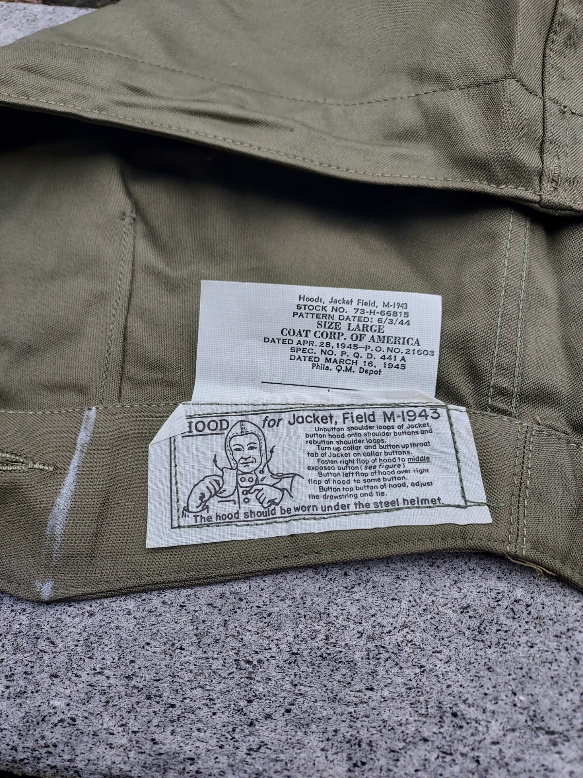 WWII WW2 US Army M1943 OD Field Jacket Hood M-1943 Hood Size Large Cutter Tag