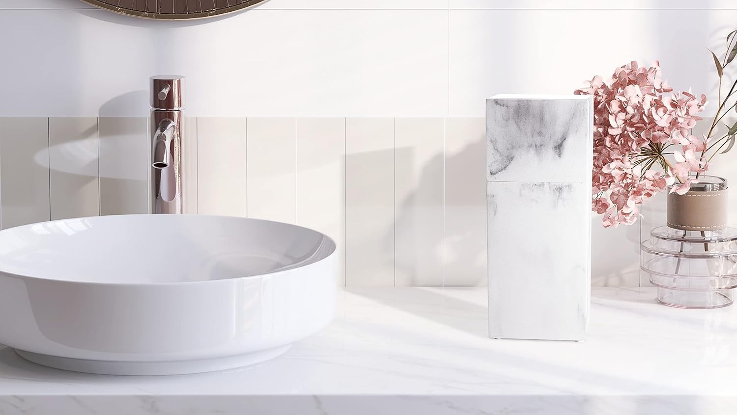 Essentra Home Toothbrush Holder with Lid, Elegant White Marble Bathroom Toothbru