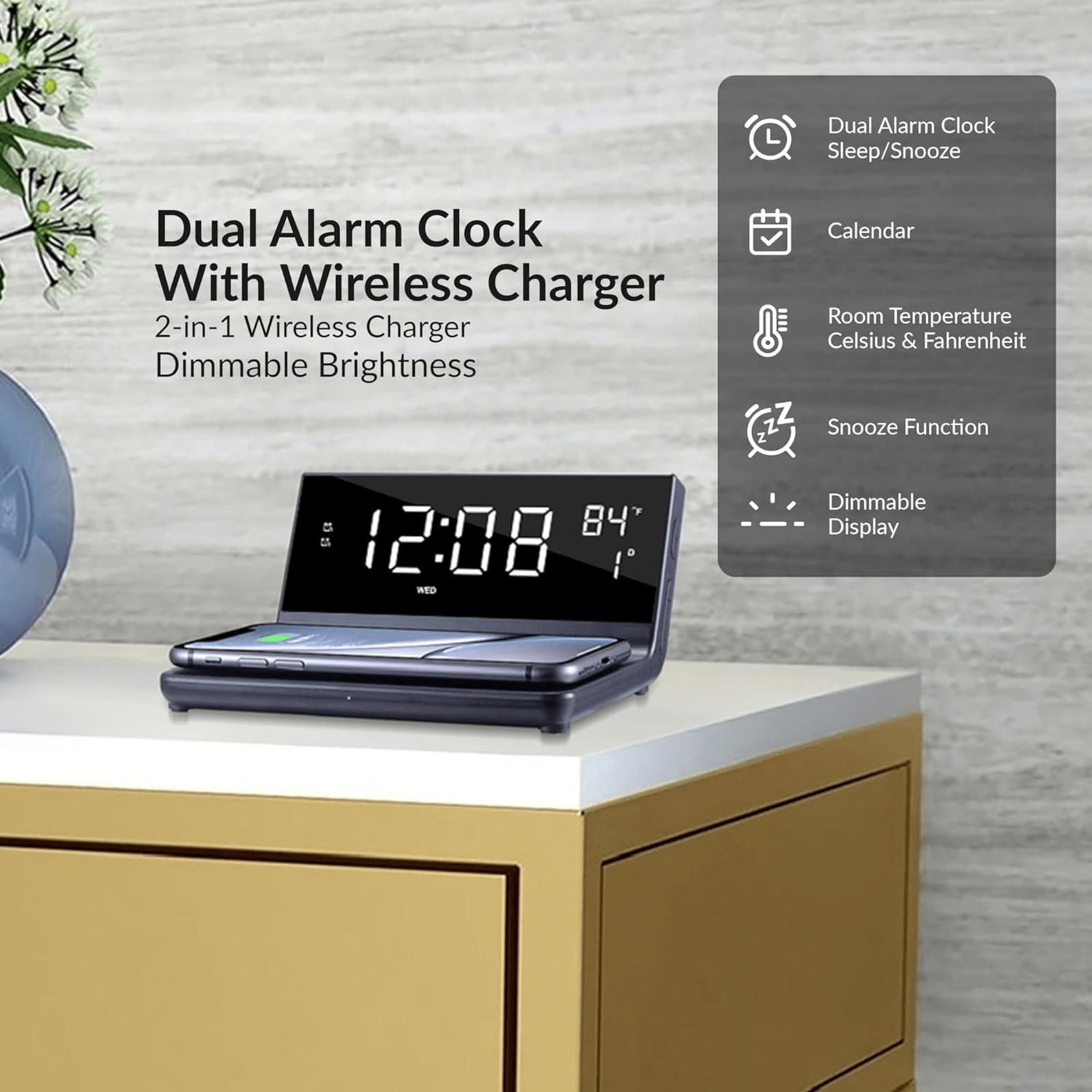 Supersonic Dual Alarm Clock with 2-in-1 Wireless Charger w 4 Brightness Levels