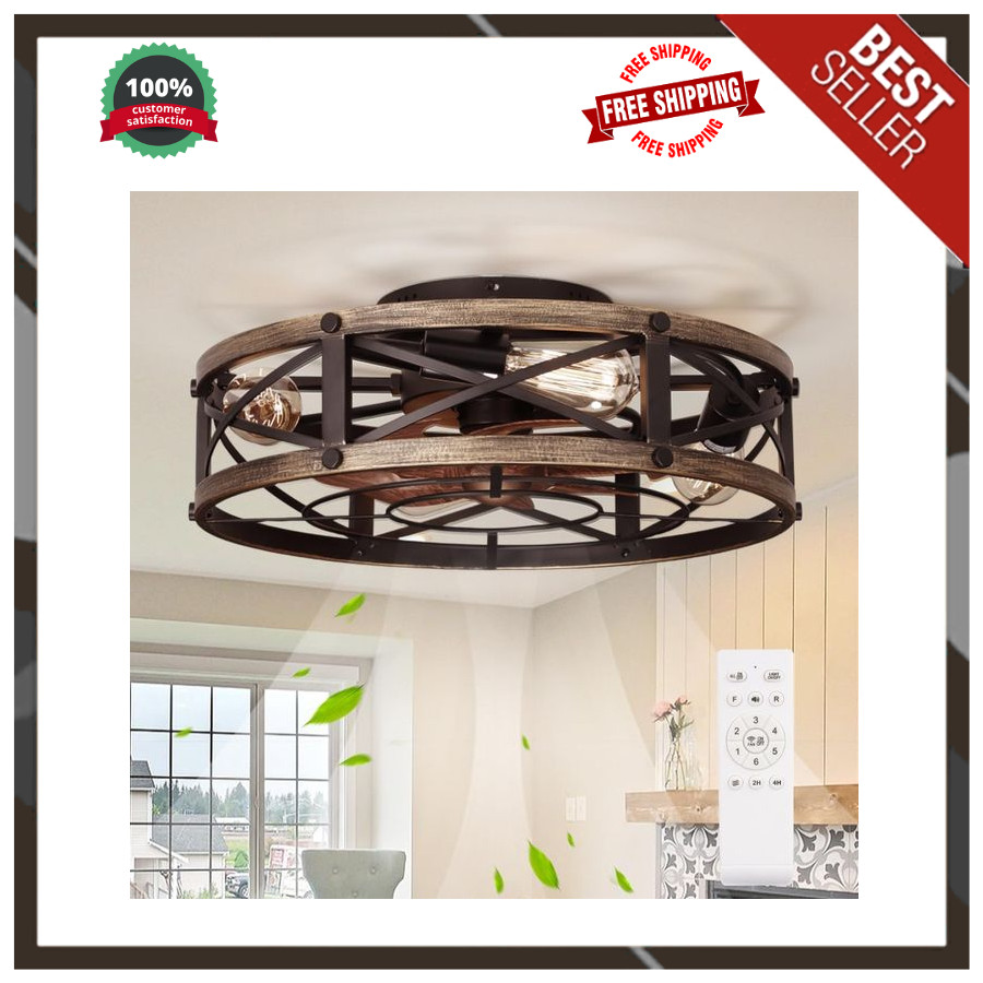 Rustic 19" Ceiling Fan with Light and Remote, 6 Speeds, Farmhouse Flush Mount