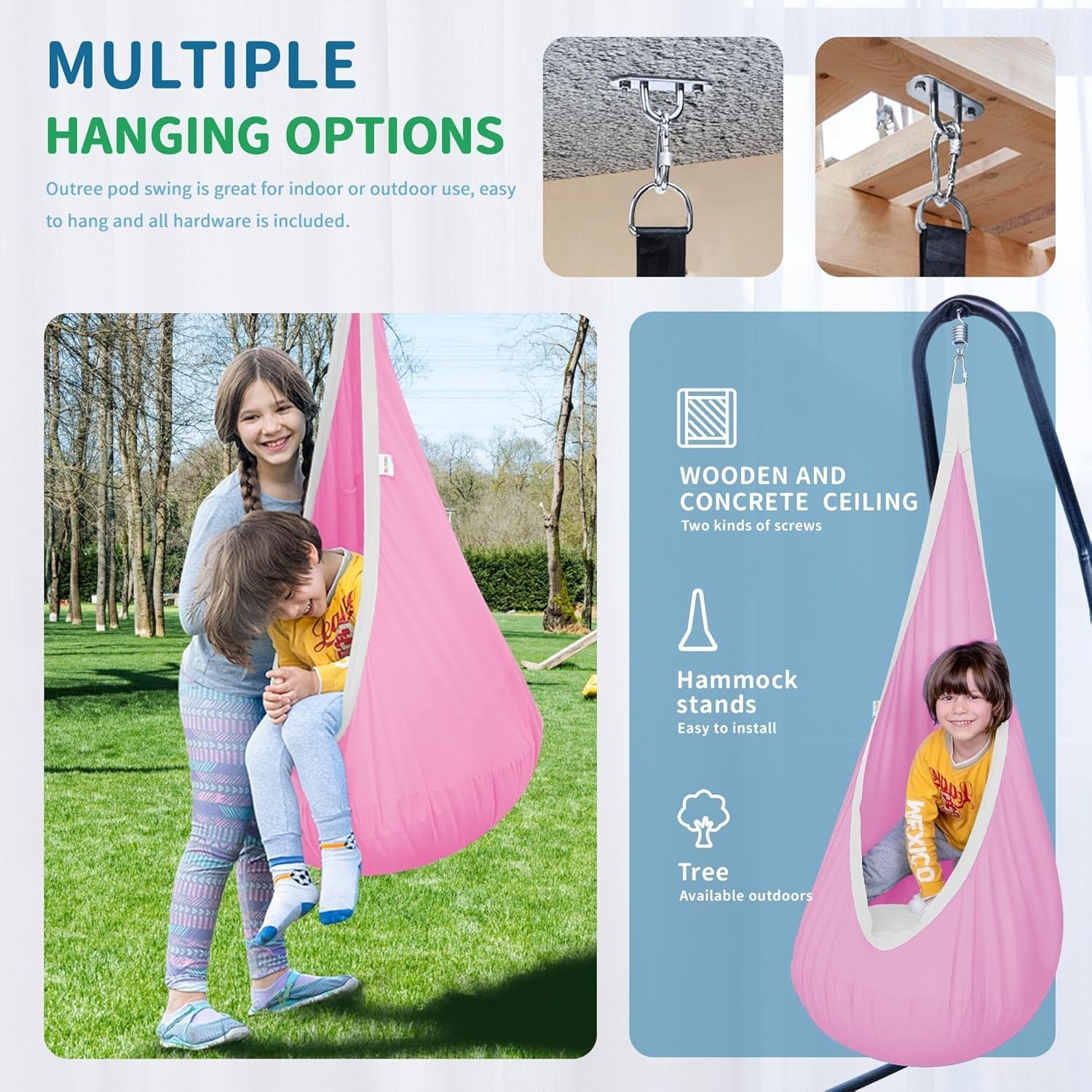 Kids Pod Swing Seat, Cotton Child Hammock Swing Chair,Sensory Swing Indoor Pink