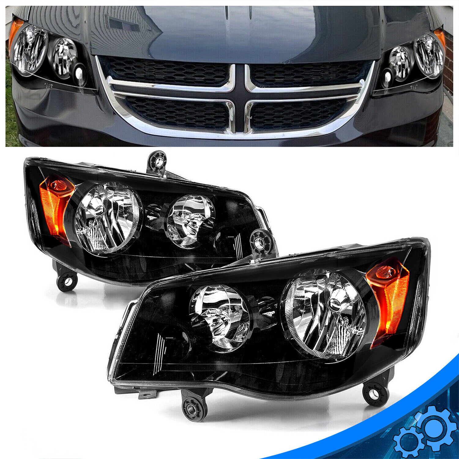 Headlights For 11-20 Dodge Grand Caravan 08-16 Chrysler Town&Country Black lamps