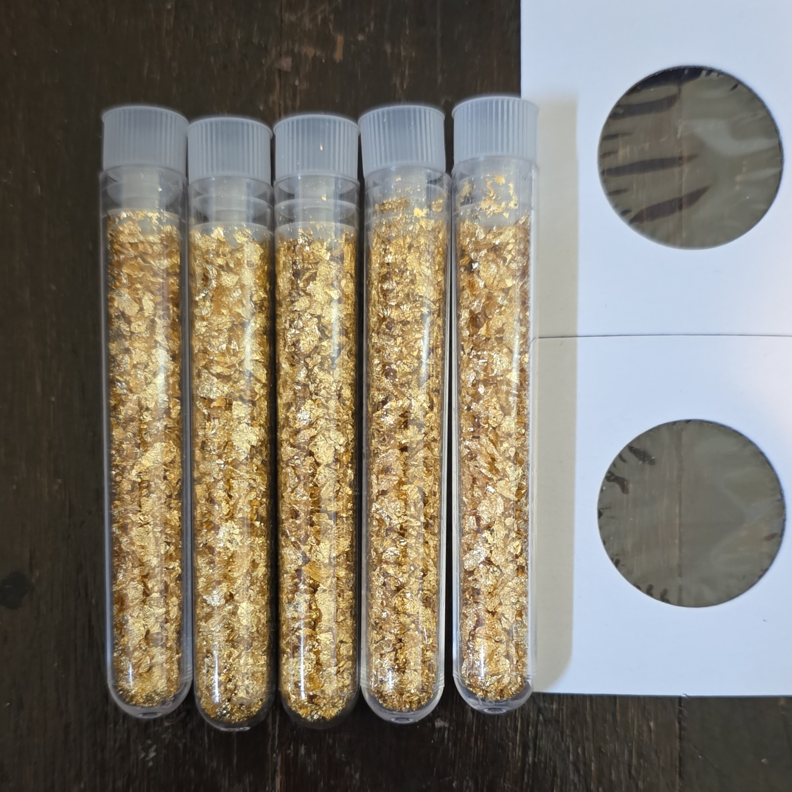 Gold Flakes Real Gold in Plastic Vials Set of 5 Collectible Display Bottles