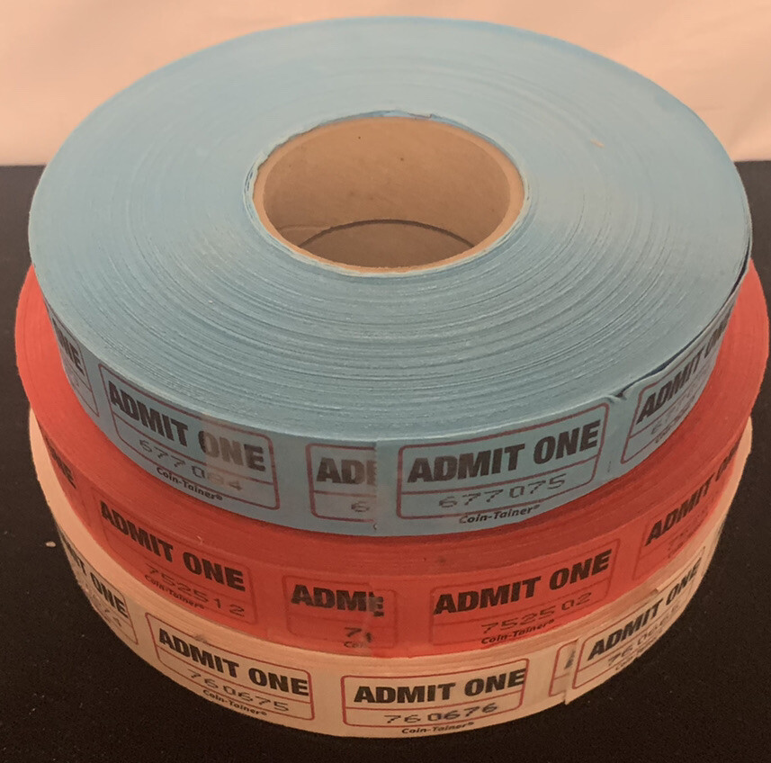 #360 Three Rolls Of Tickets Red White & Blue Single Admit ONE