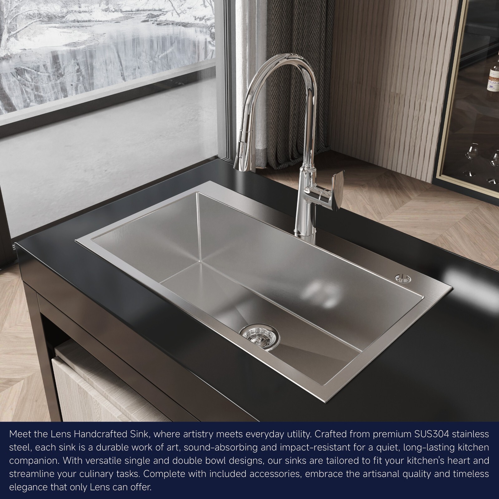 COZY Stainless Steel Kitchen Sink, 32" Single Bowl Brushed Nickel SSBR02