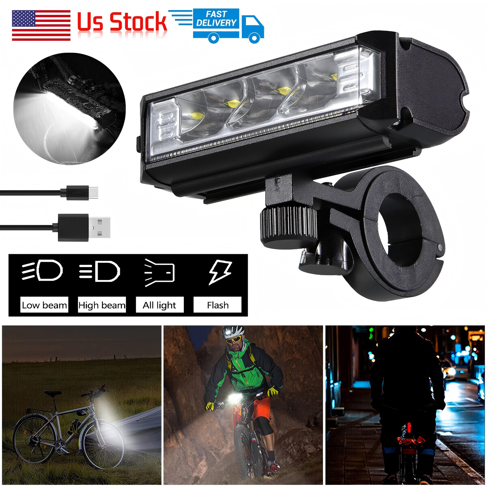 Super Bright LED Bike Light USB Rechargeable Bicycle Front Headlight Waterproof