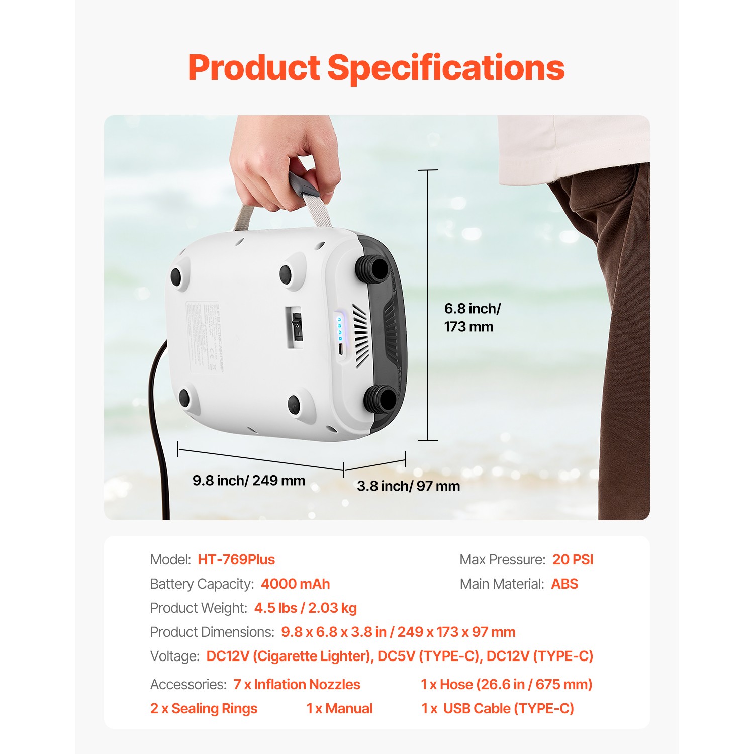 Paddle Board Pump Rechargeable Battery-Powered 20PSI Dual Stage SUP Air Pump