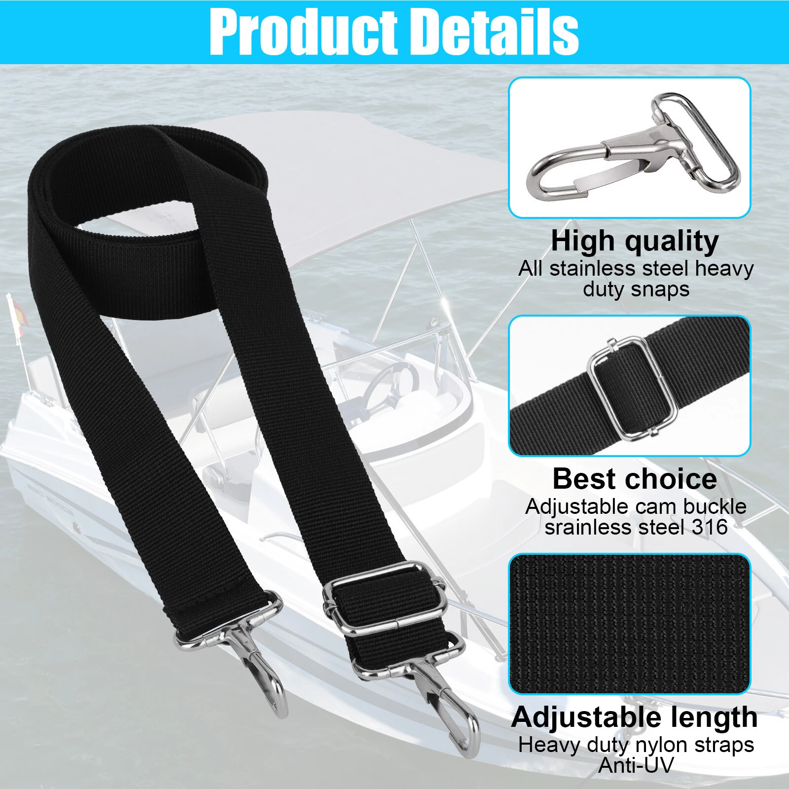 4X 28" To 60" Top Tie Down Webbing Straps For Bimini With Loop Snap Hook NEW