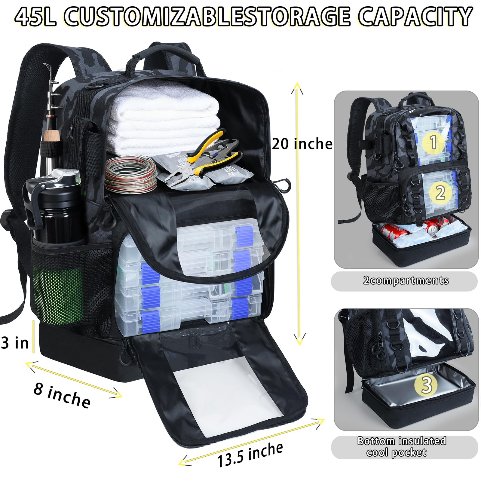 Fishing Tackle Backpack with Cooler,45L Large Tackle Bag with 2 Rod Holders &...