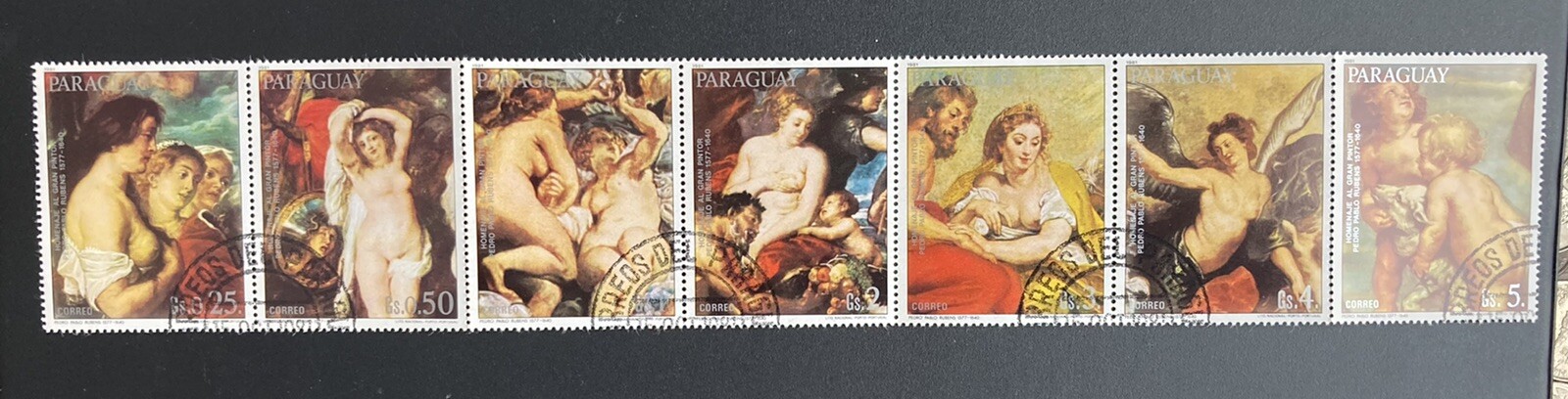 Paraguay: Complete Strip of 7 Rubens (Nude) Paintings CTO, 1981. Lot #10-041205