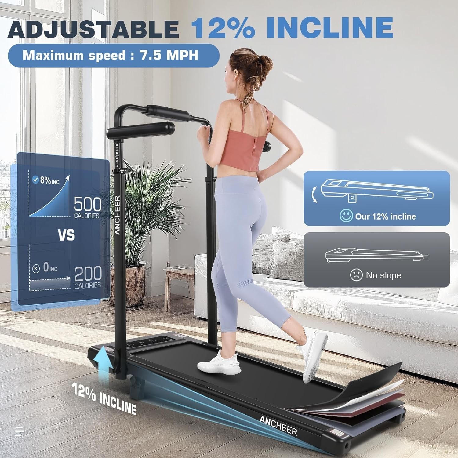 Foldable Treadmill with 12%Incline, 3.5HP Powerful Treadmill w/Adjustable Height