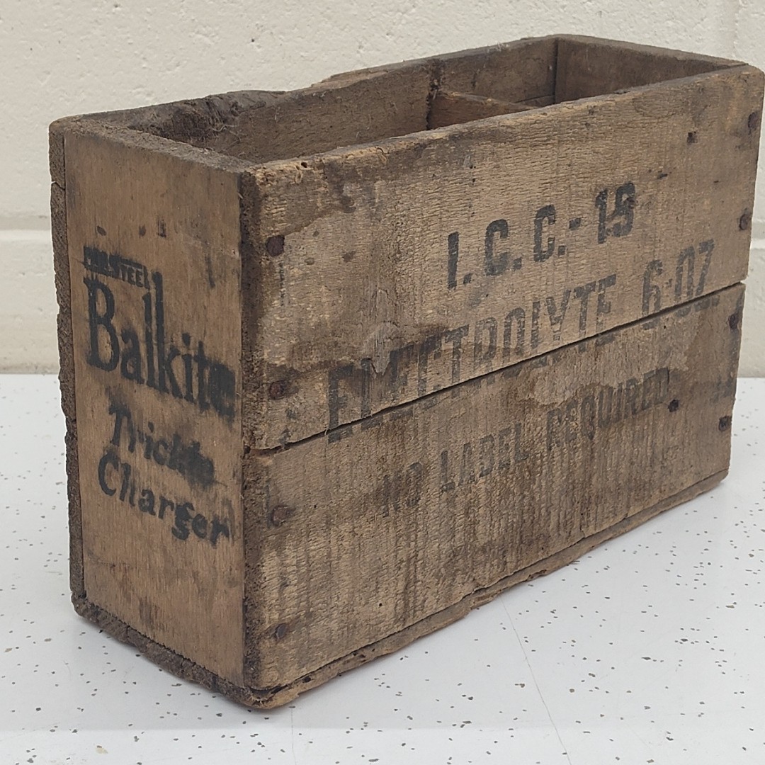 Balkite Trickle Charger Wood Box/Crate - Fansteel Products Chicago Automobilia