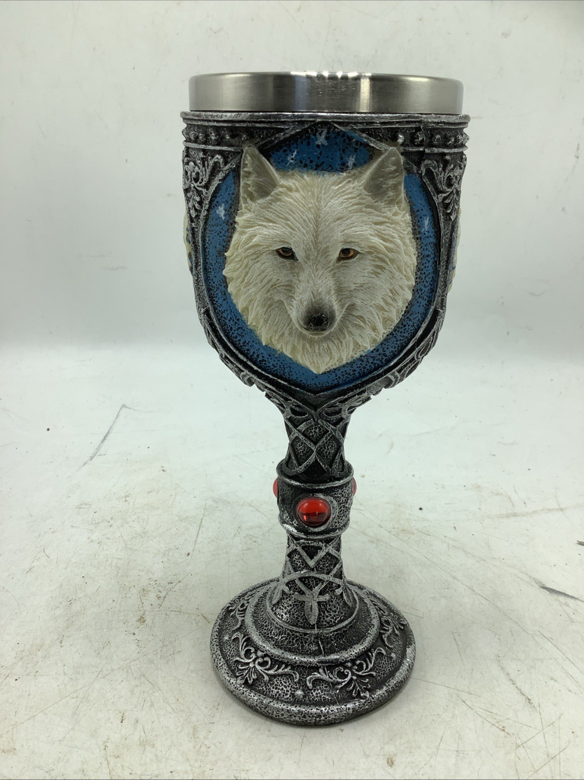 Game Of Thrones Direwolf Chalice Alpha Wolf Wine Goblet Celtic Magic Red Stones