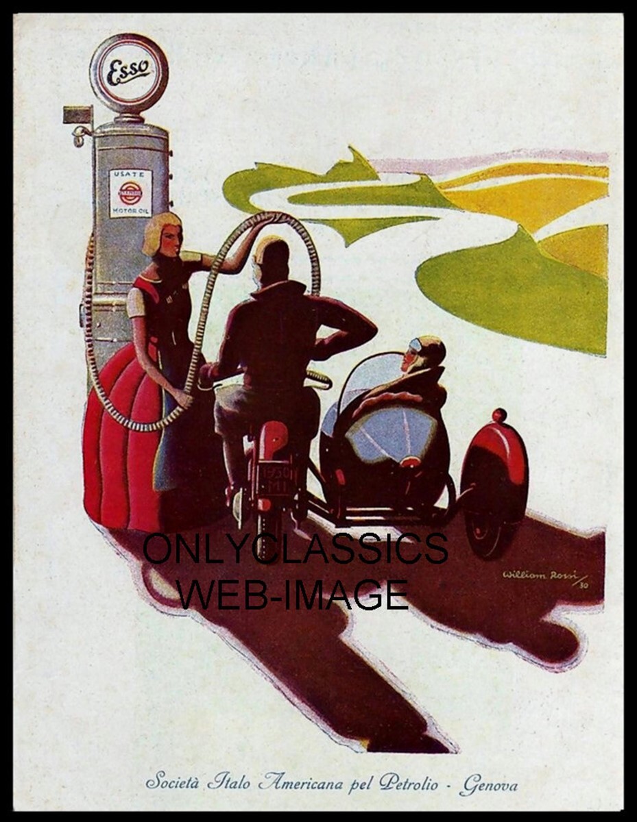 1930 MOTORCYCLE SIDECAR AT ESSO GAS GLOBE PUMP STATION ADVERTISING ART POSTER