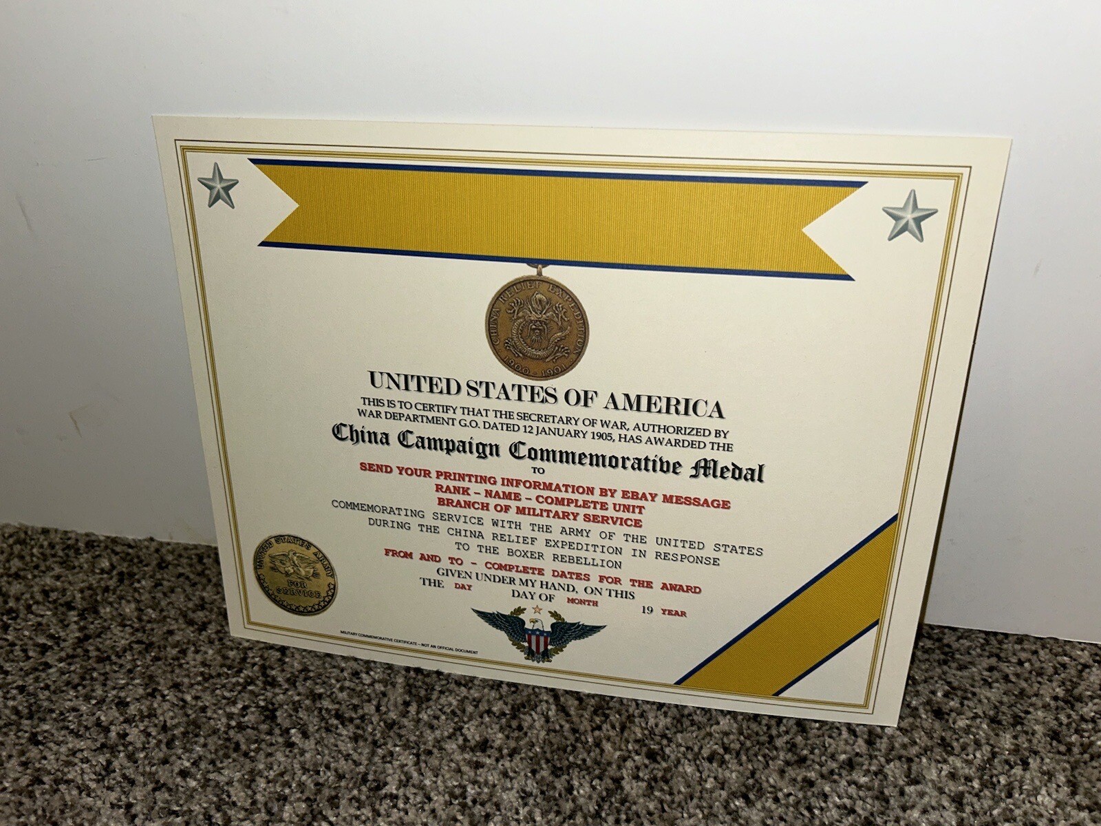 CHINA CAMPAIGN (ARMY) COMMEMORATIVE MEDAL CERTIFICATE ~ W/PRINTING TYPE-1
