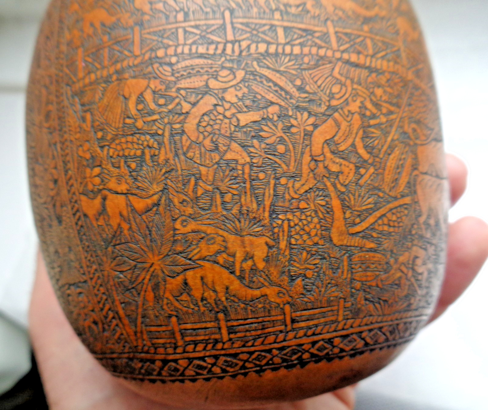 ANTIQUE SOUTH AMERICAN FOLK ART CARVED GOURD BULL FIGHTER, CHURCH, FARMER, LLAMA