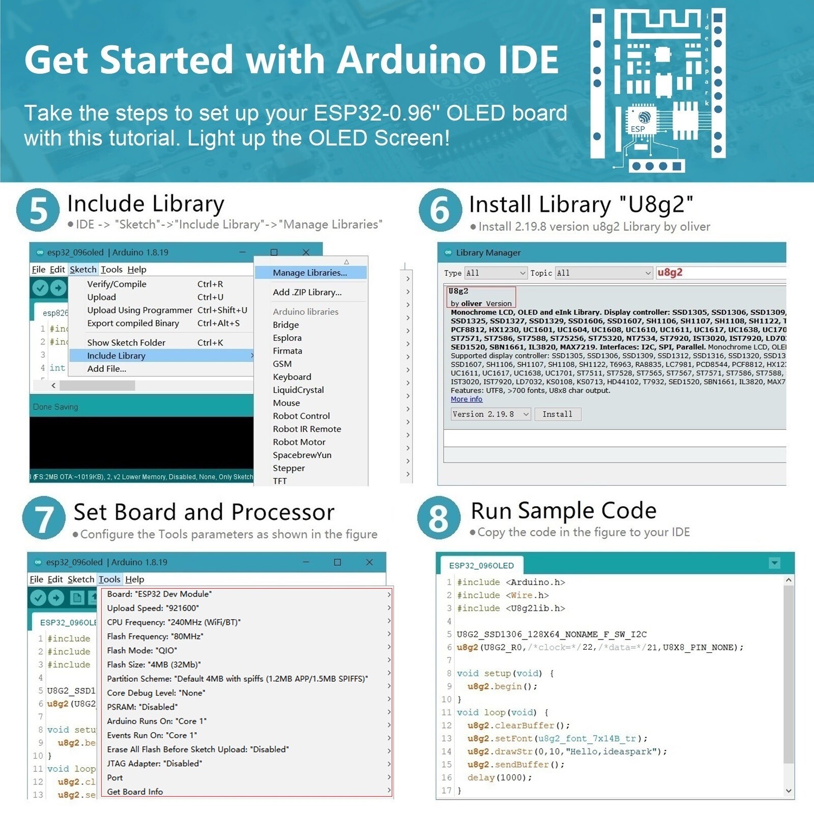 ideaspark® ESP32 Development Board with 0.96 Inch OLED Display,CH340,WiFi+BLE