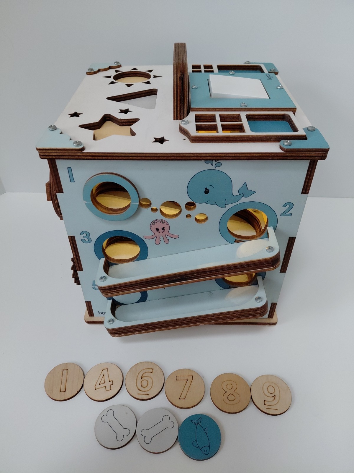 Boobo Toys Wooden Busy Development Activity Cube Blue Undertones Size Medium