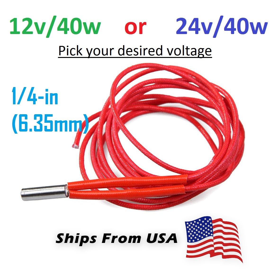 12V or 24V 40W 1/4-in/6.35mm Ceramic Cartridge Heater 3D Printer MK9/MK10 Hotend