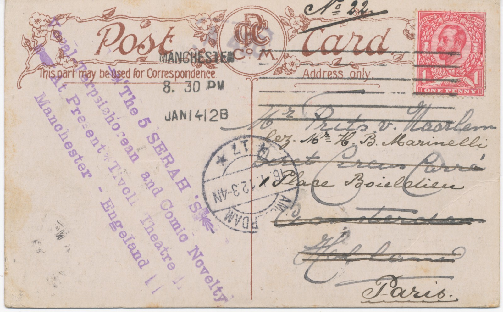 GB 1912, GV 1d red type II on very fine coloured RP postcard (Theatre Royal, MAN