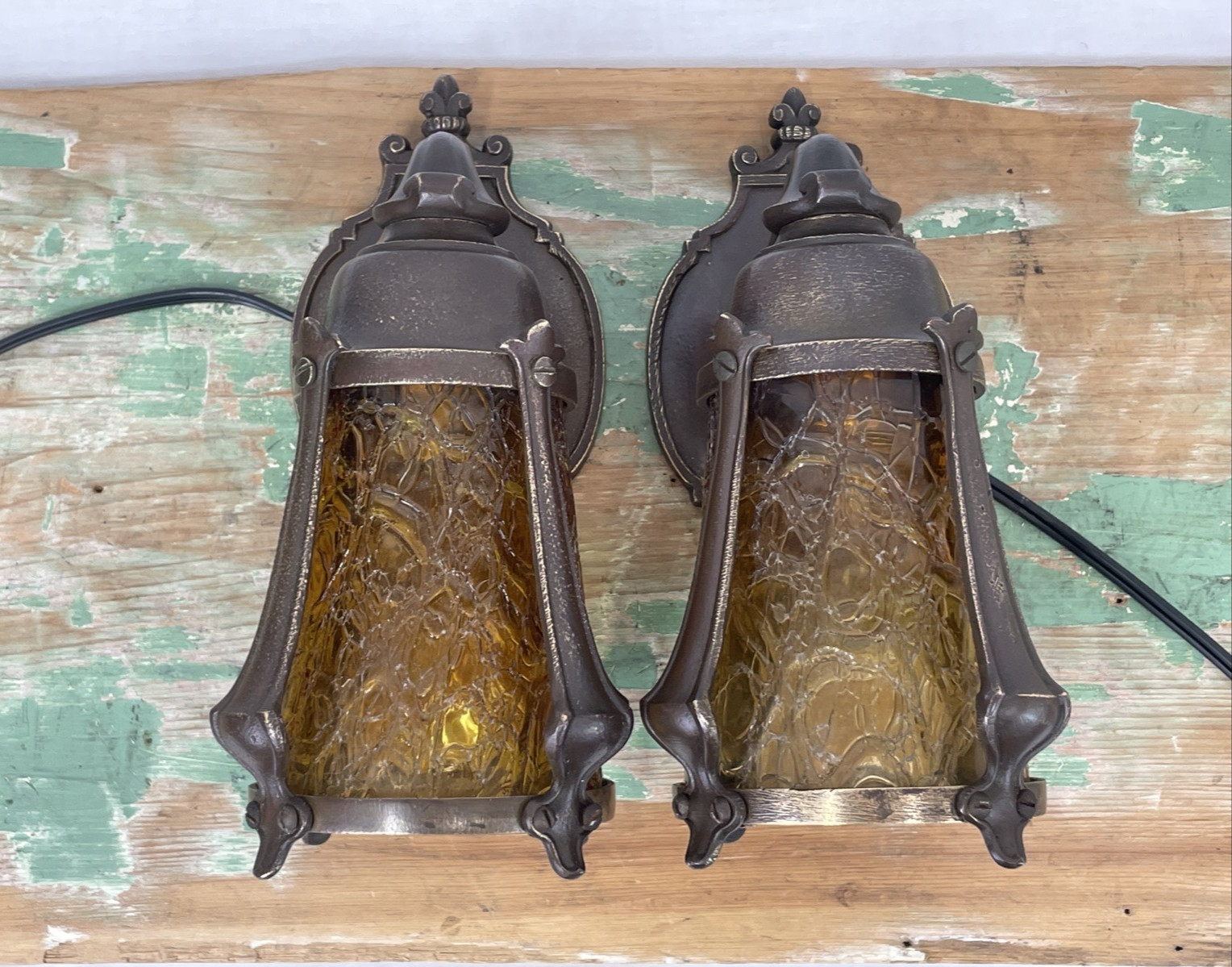 RESTORED Pair Antique Vtg Tudor Arts Crafts Wall Sconces Amber Glass Porch Light
