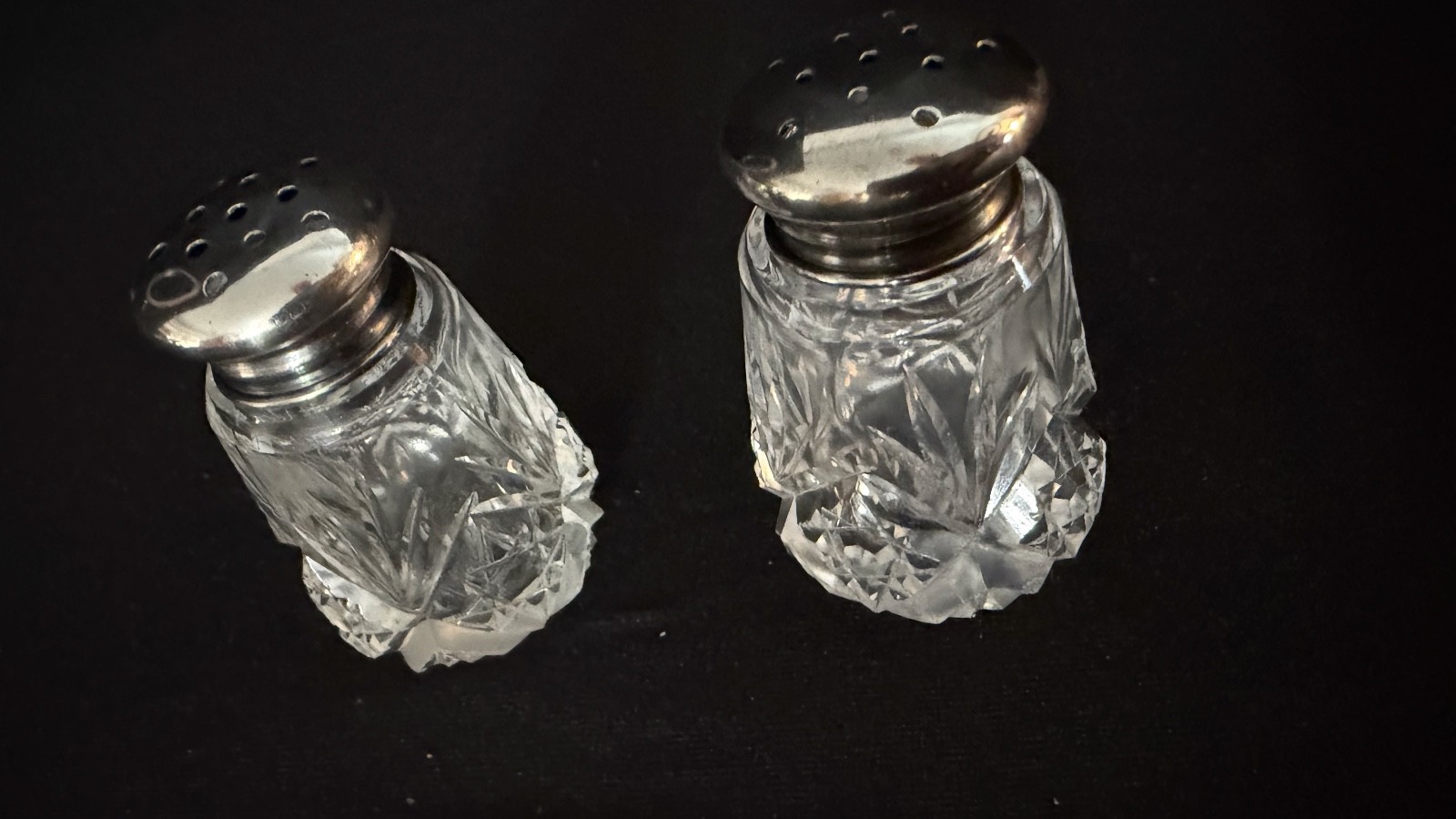 Antique American Brillant Cut Crystal Salt & Pepper Shakers Sterling Lids