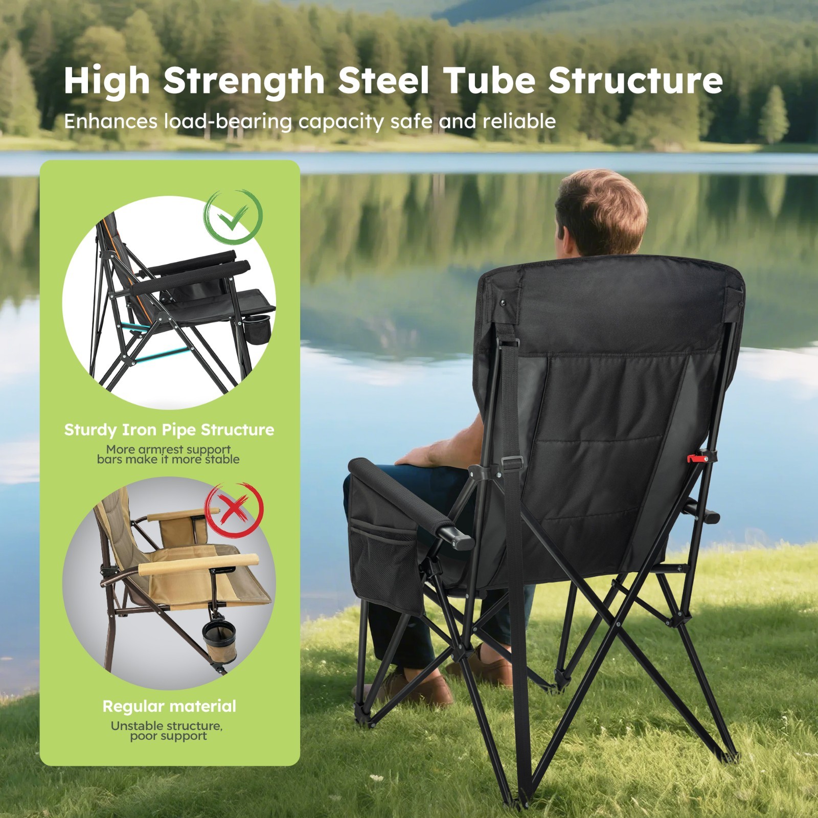 Heavy Duty Camping Chairs Oversize Folding Chair High Back Support 500lbs Black