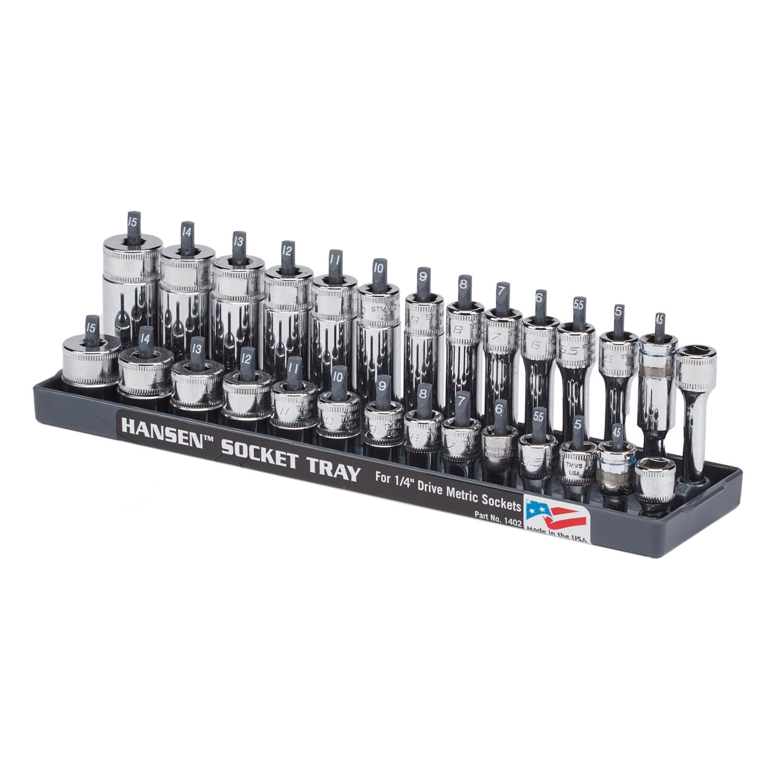 Hansen Global 1/4" Drive Metric MM Regular & Deep Socket Tray Organizer USA