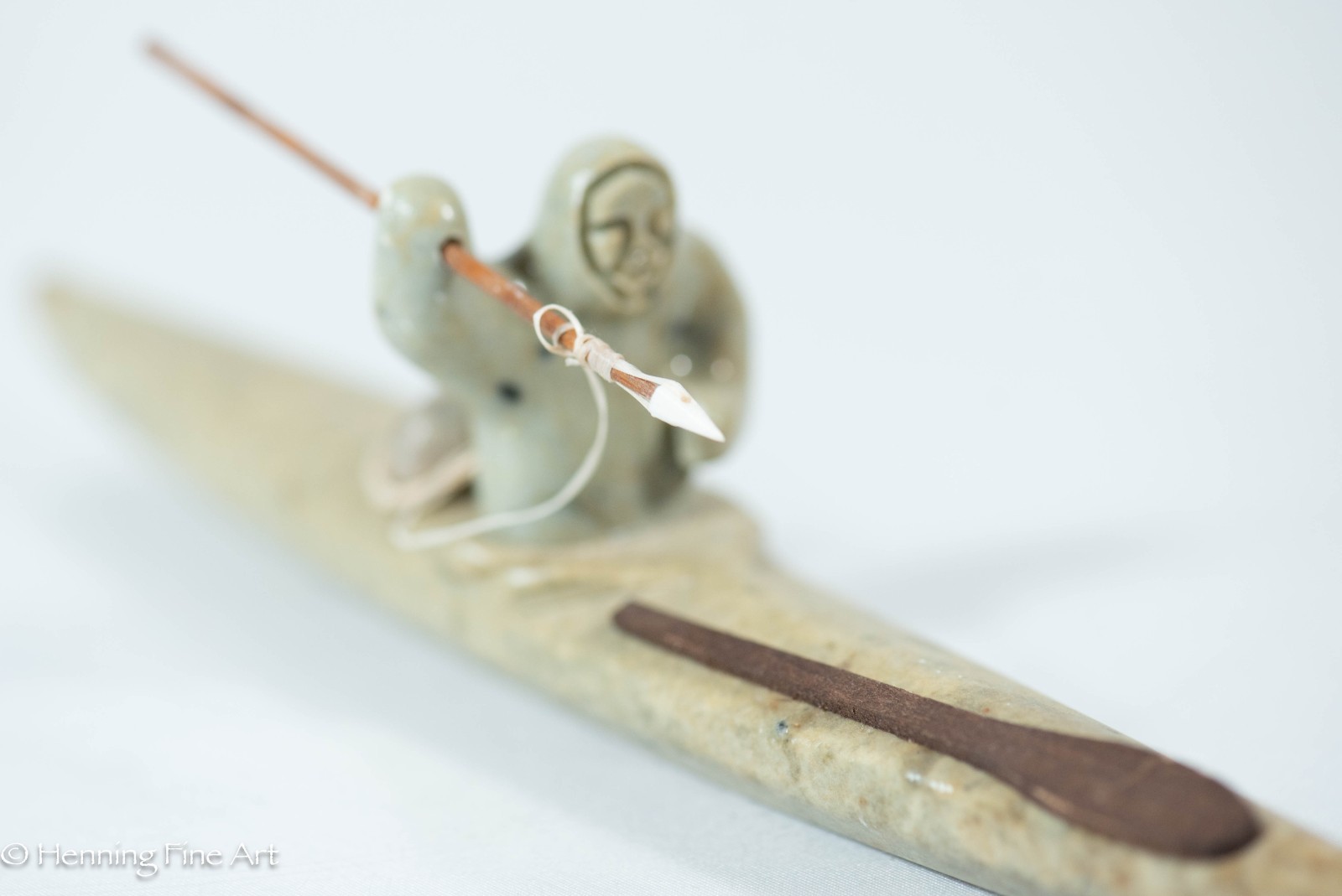 Beautiful Eskimo Carving of Spear Fisher in Kayak by Chuck Poupart, Lovely!