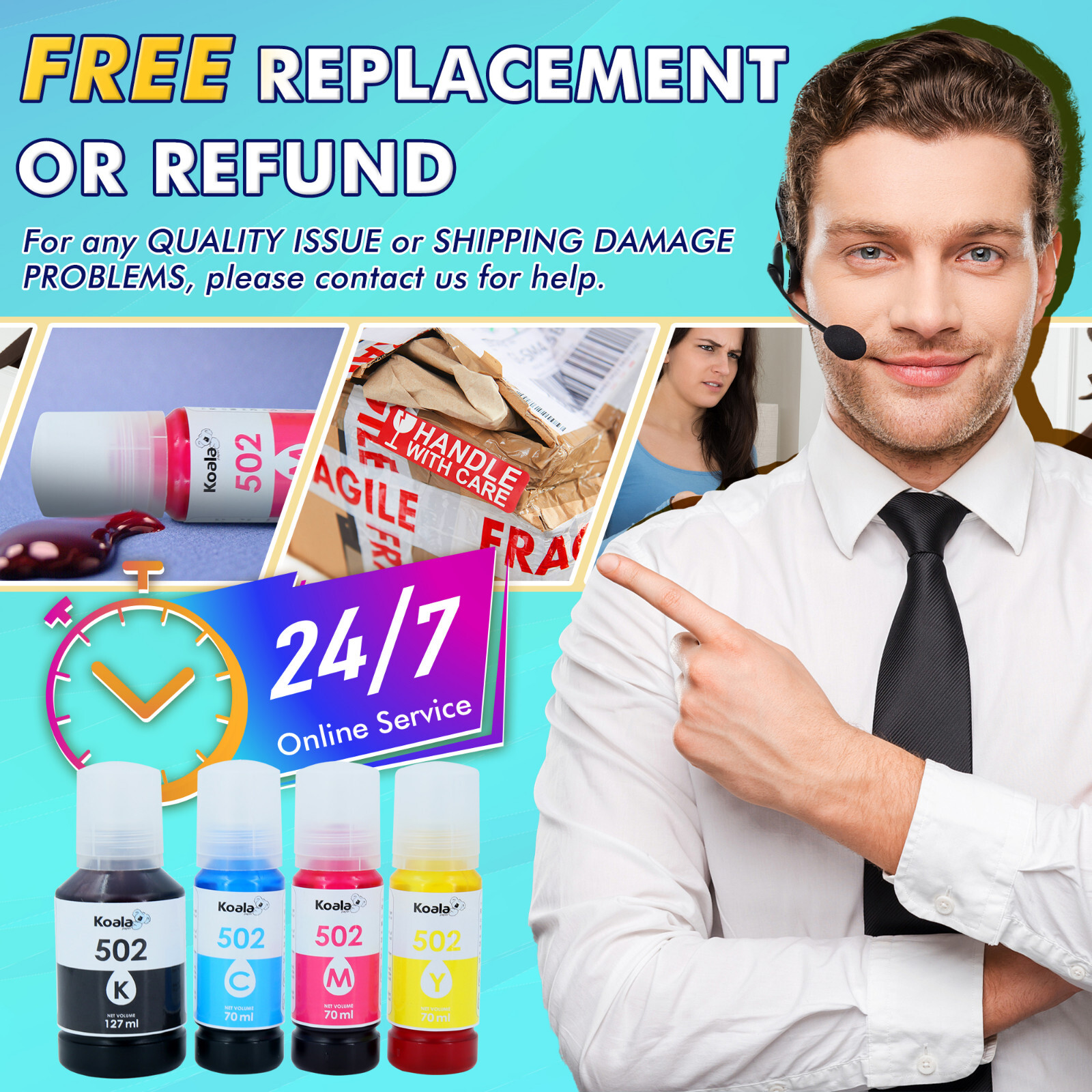 4PK Koala Ink Refill Kits Fit ET-2750 2760 2850 2700 3760 4760 ST-2000 Epson 502