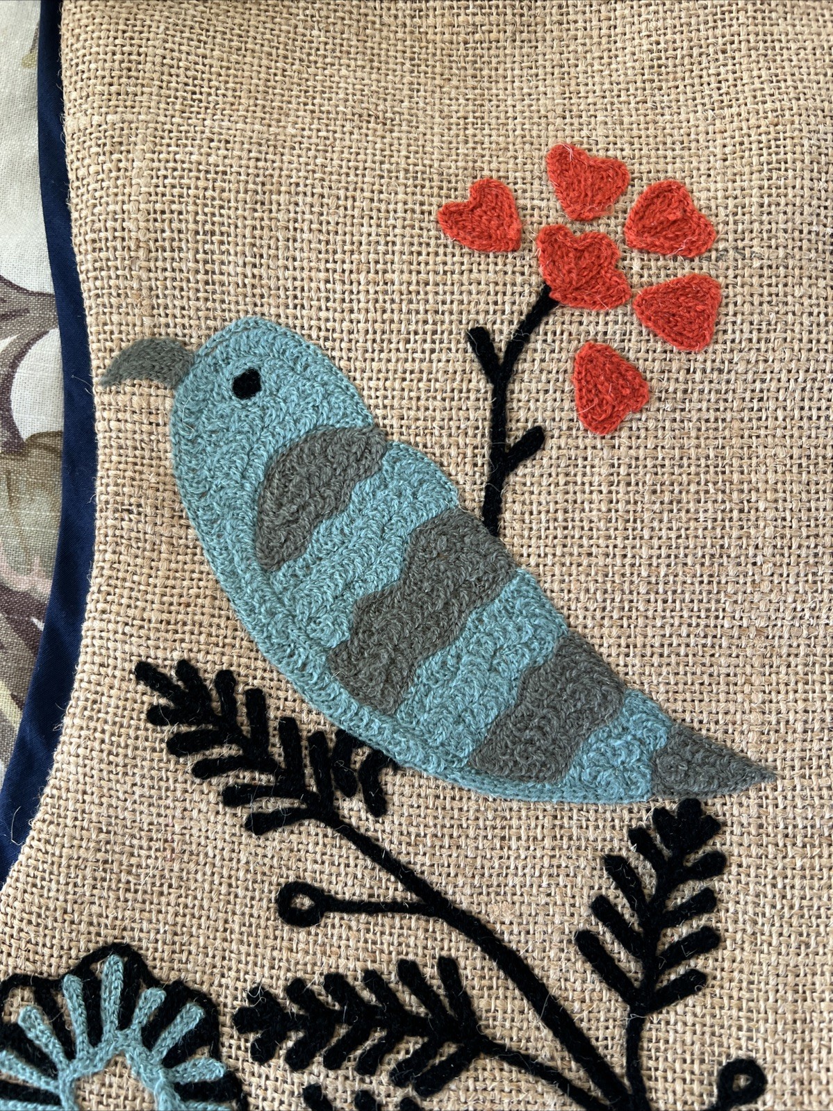 ARCADIA HOME CHRISTMAS STOCKING 100% JUTE EMBROIDERED BLUE BIRD AND FLOWERS