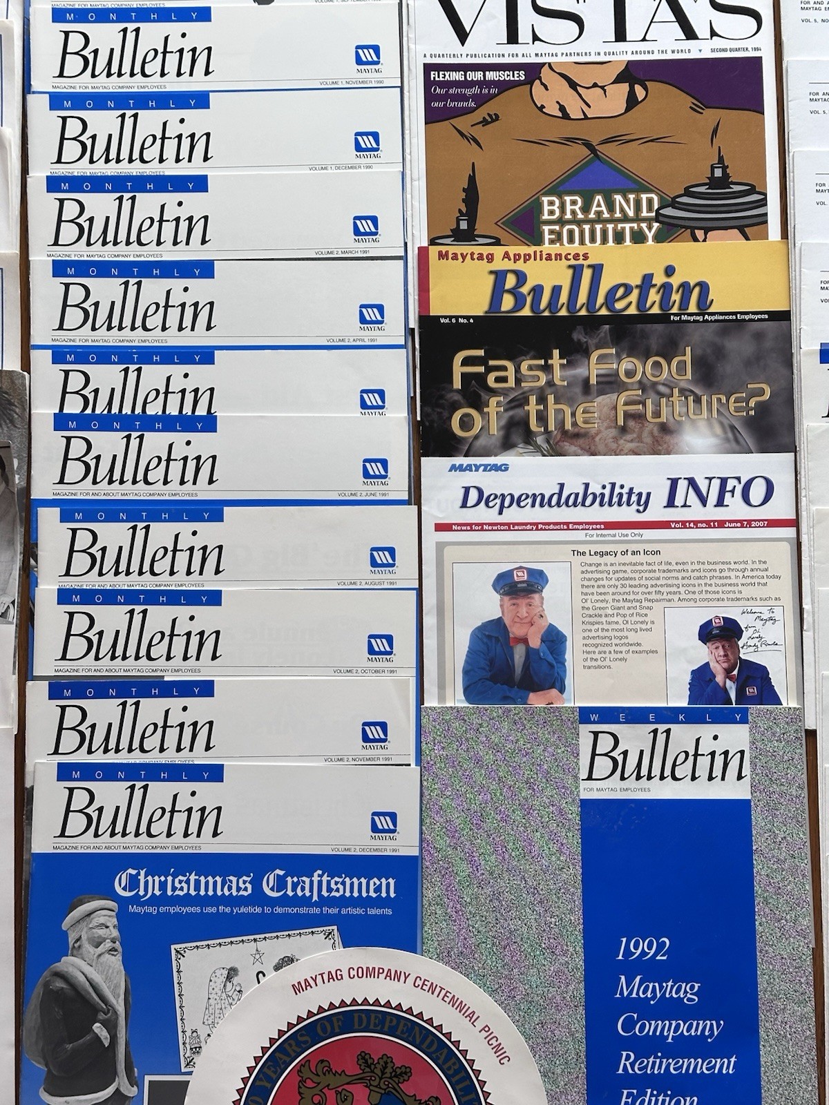 Lot of Maytag Employee Bulletins Buttons Recognition Medals MORE Newton Iowa!