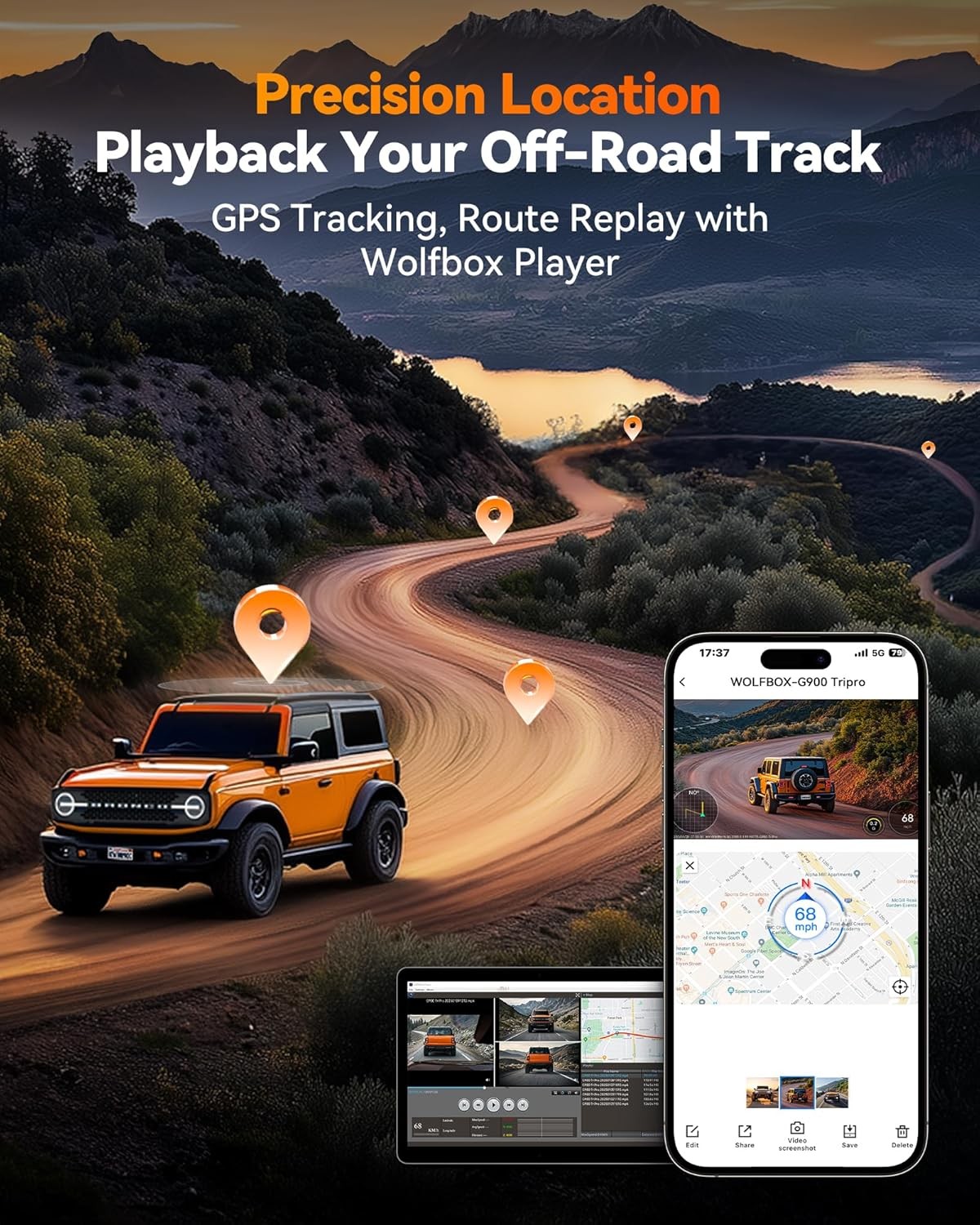 WOLFBOX G900 Tripro Bumper 12" 4K Mirror Dash Camera 3 Channel WiFi Night Vision