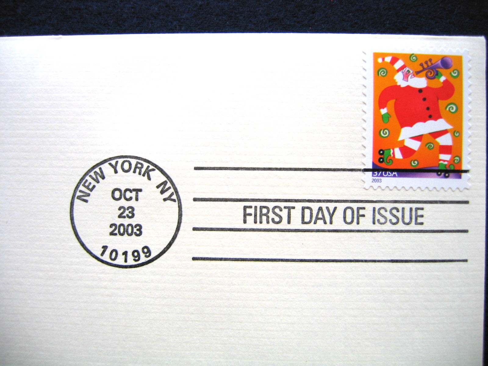 2003 Holiday Music Makers Santa With Trumpet replica Gold Golden Cover Stamp