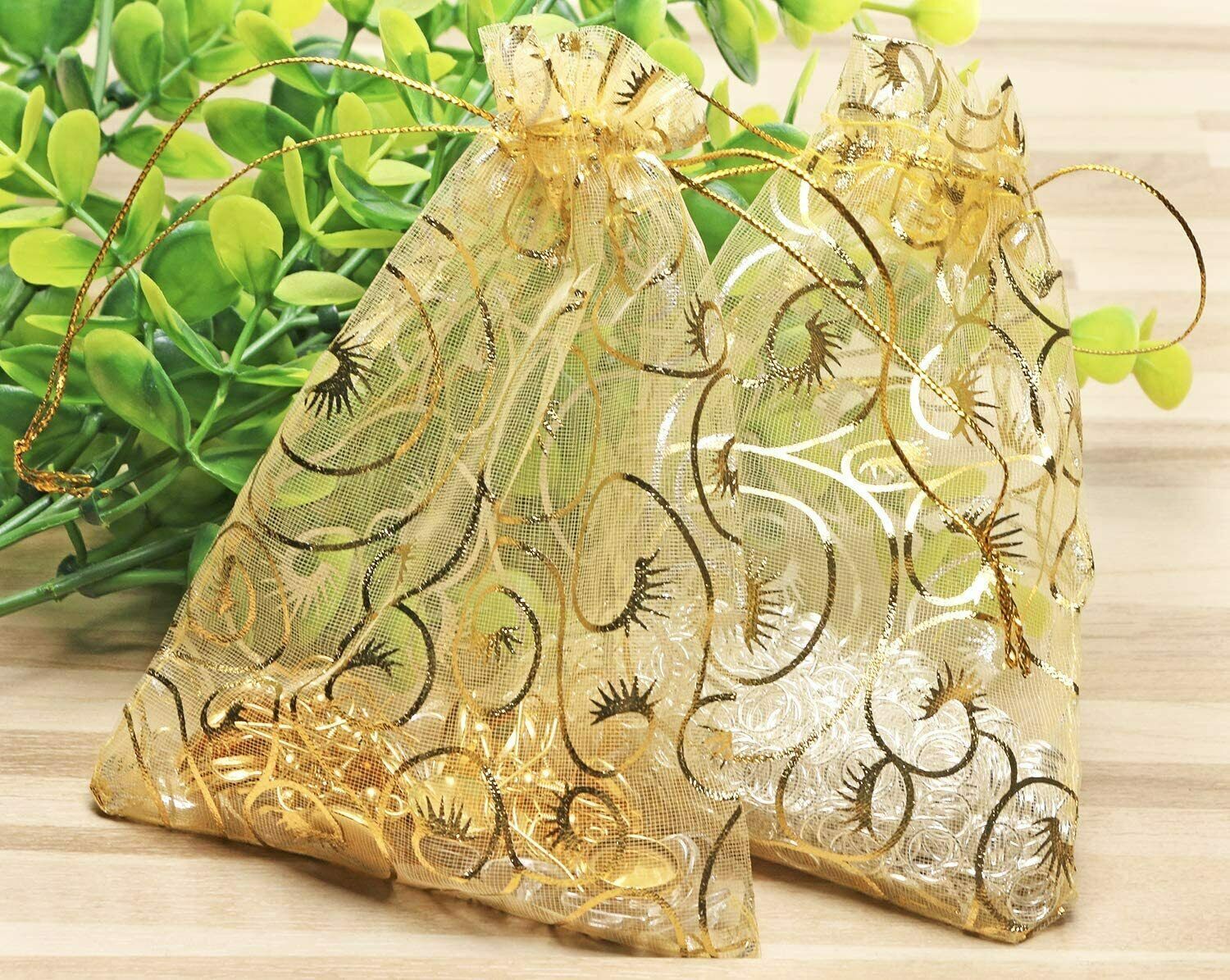 100x Gold Sheer Organza Bags 4x5 Inch Mesh Jewelry Favor Drawstring Gifts Bags