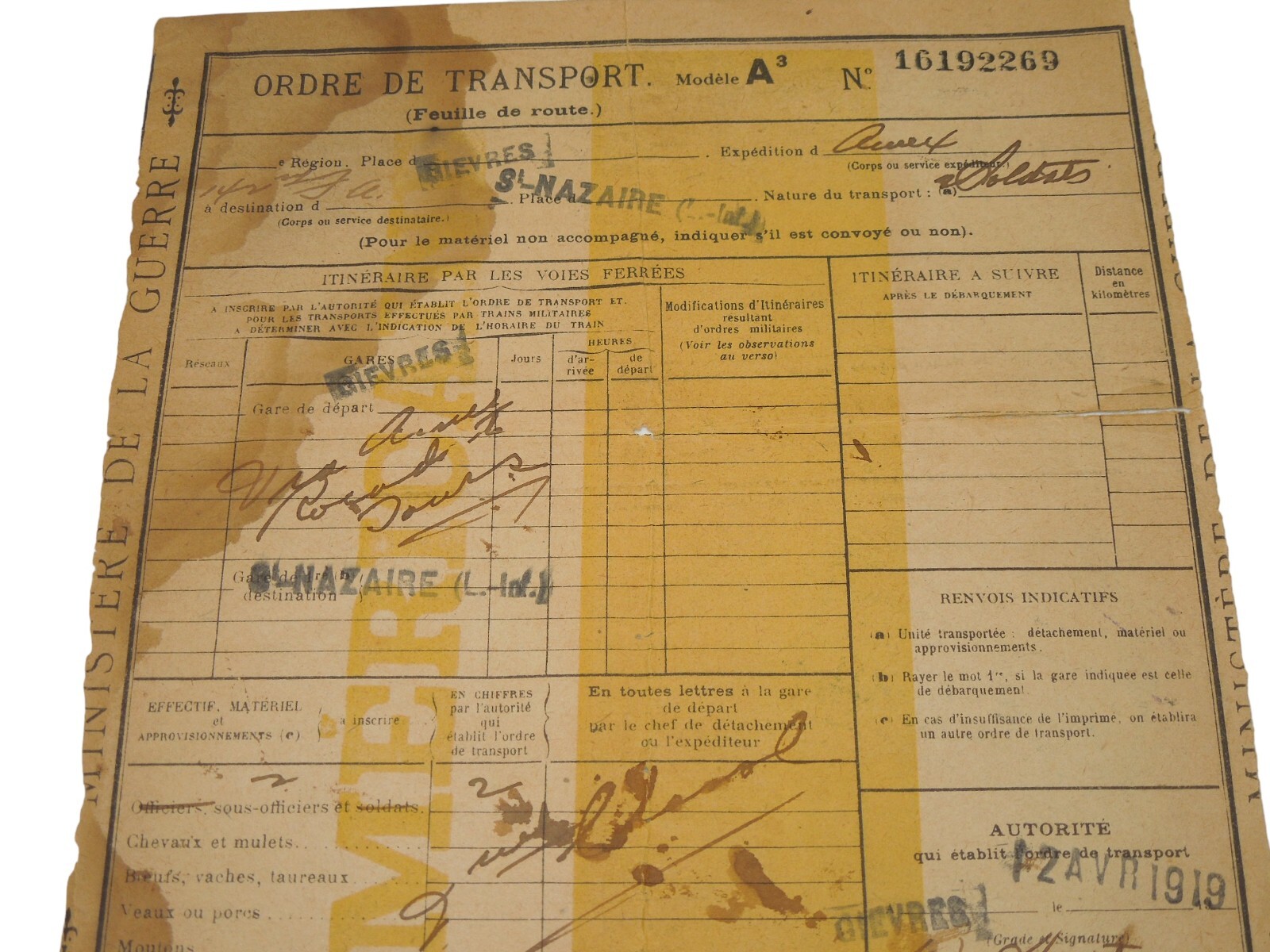 WWI French Ministry of War Transport Order Document to St. Nazaire Z34