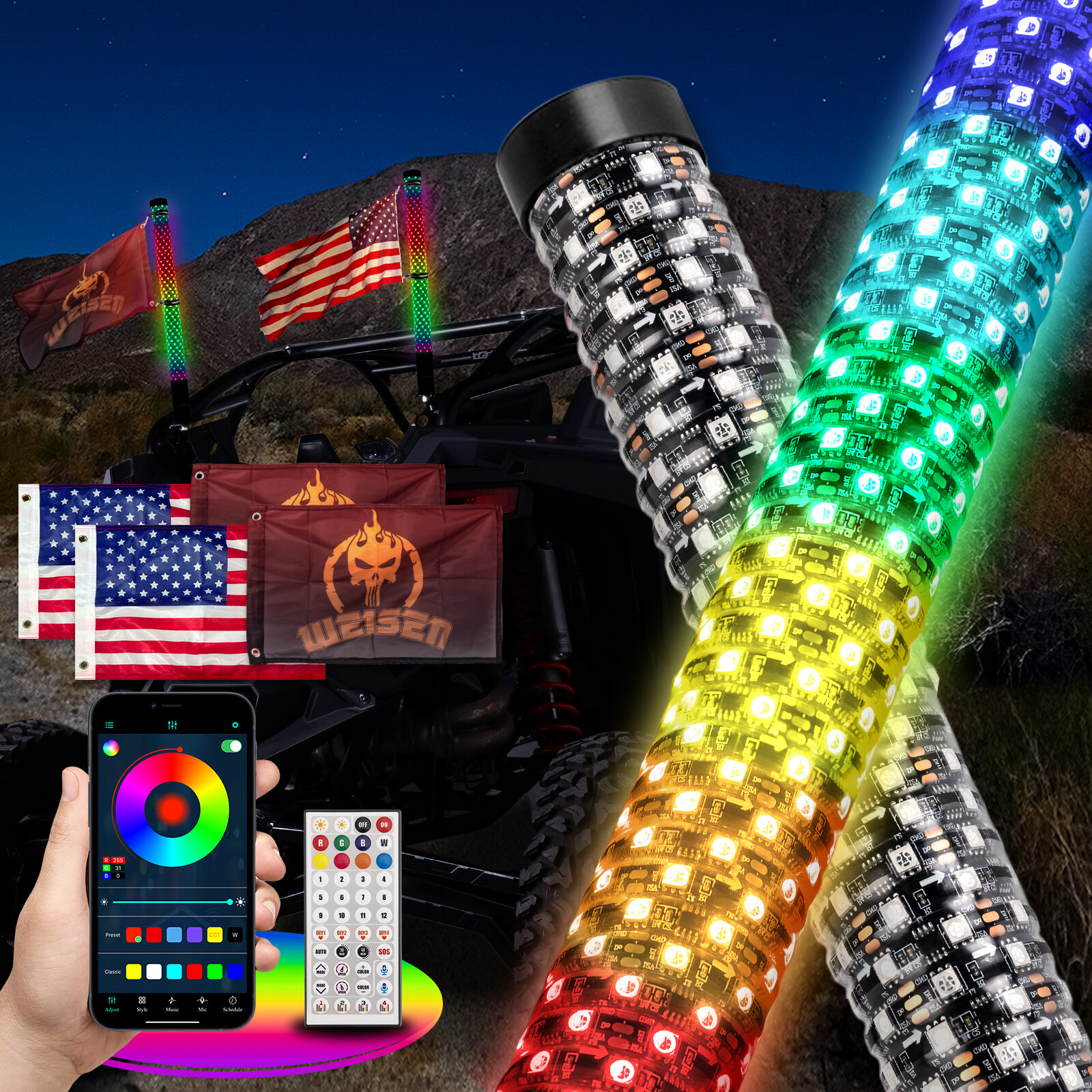 Pair 2FT Spiral LED Fat Whip Light Antenna RGB Chasing For Can-am X3 RZR UTV ATV