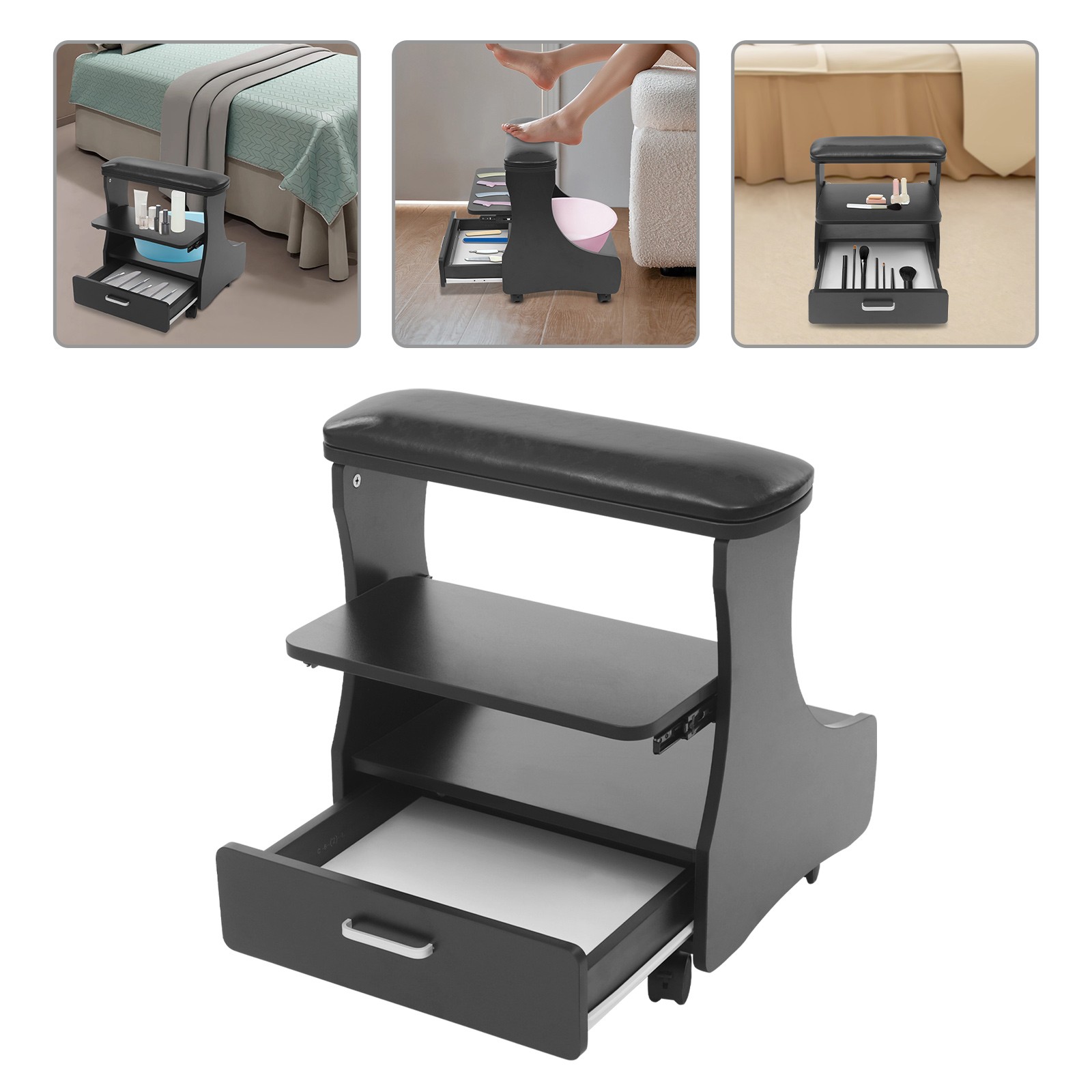 Pedicure Foot Rest 3-Tier Storage Swivel Wheels for Salon Nail Care FootRest