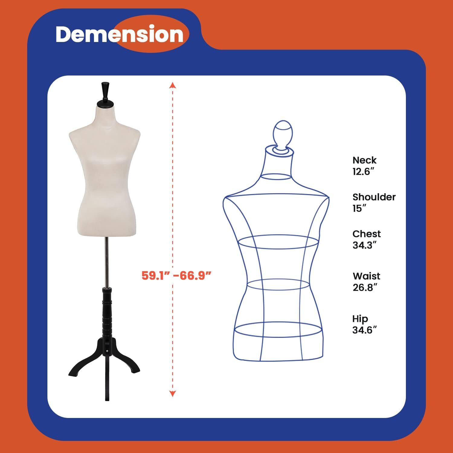 Female Mannequin Torso Dress Form w/Adjustable Tripod Standing Wood Base, 59-67"