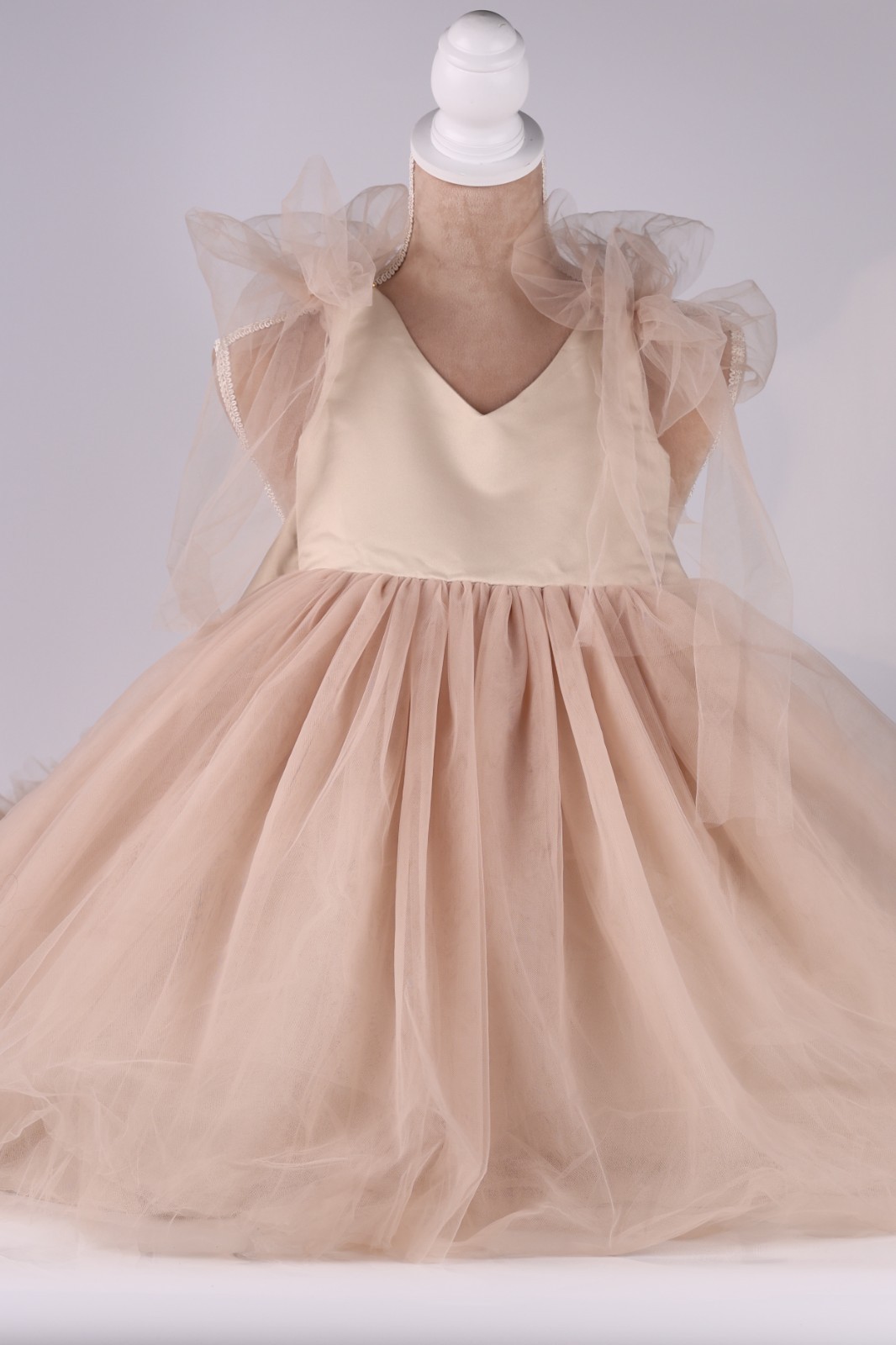 New Beige (Nude) Satin & Tulle Flower Girl Dress w/ Removable Tulle Train 3T-4T